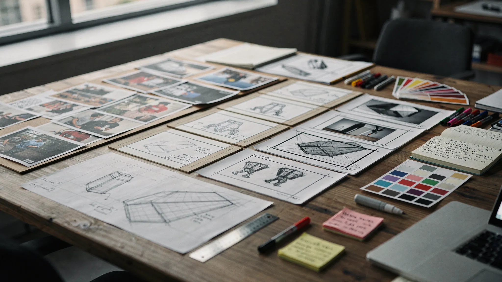 A creative studio workspace with mood boards, product sketches, storyboard frames, 3D asset references, color palettes, and production notes arranged across a large table.