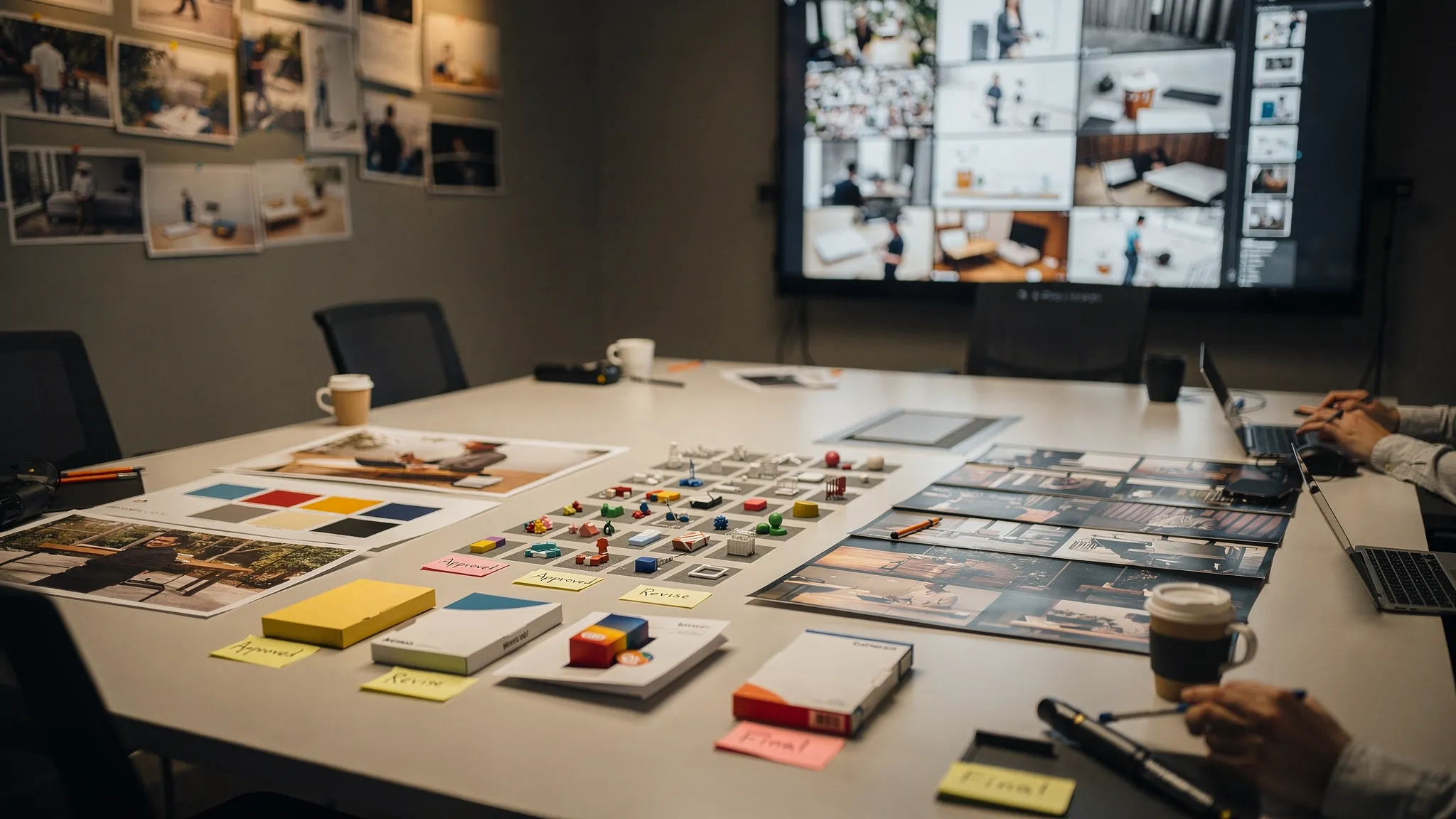 A creative production room with mood boards, 3D asset thumbnails, video frames, packaging references, and approval notes arranged across a large table, showing how teams compare AI outputs across formats.