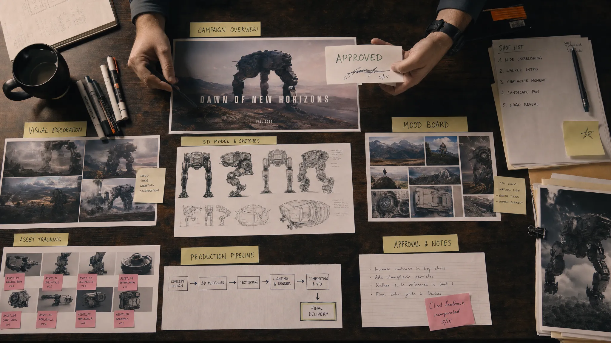 A top-down view of a creative studio table with printed campaign visuals, 3D model sketches, mood boards, asset tags, and approval notes arranged into a clear production workflow.