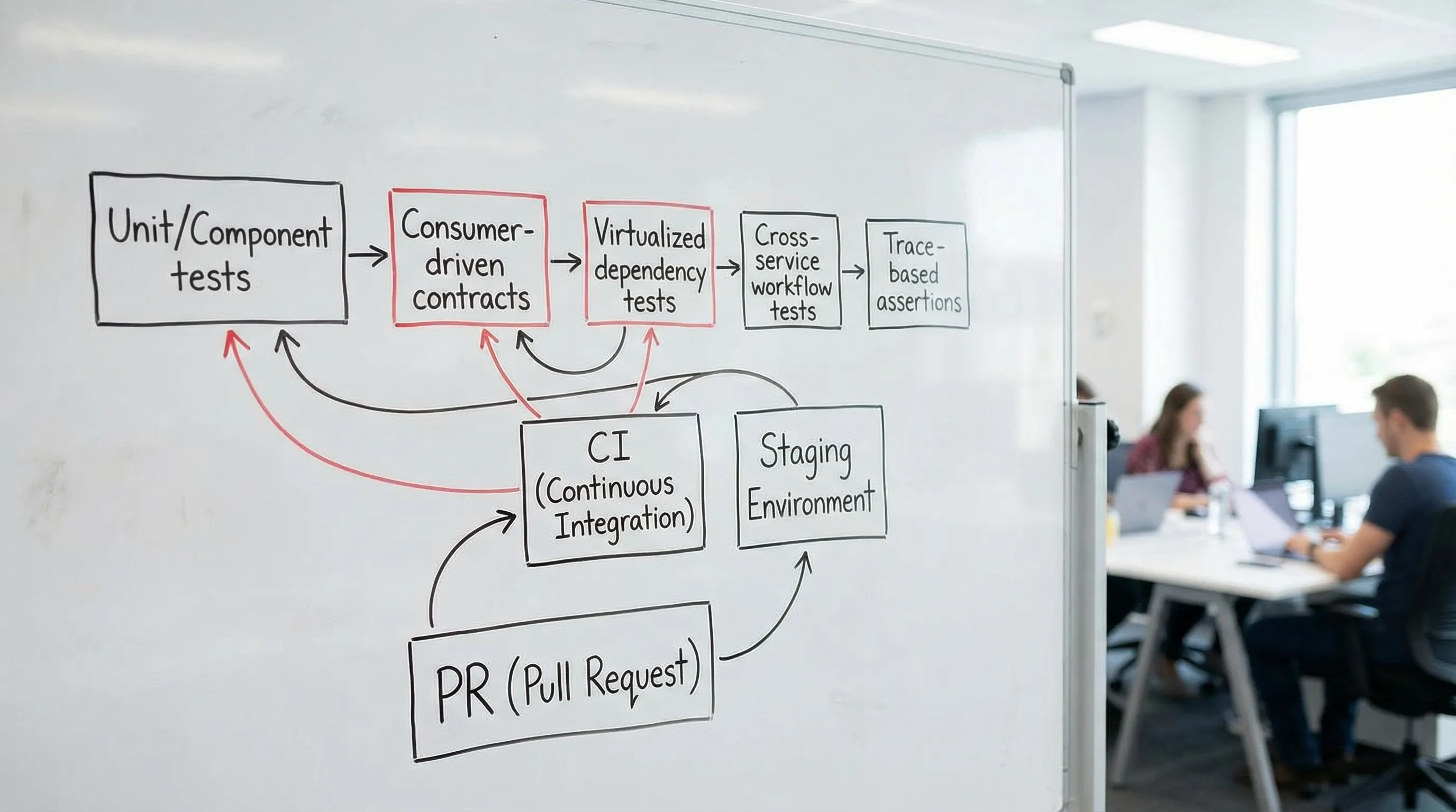 Architecture diagram showing a microservices test portfolio. Boxes labeled Unit/Component tests, Consumer-driven contracts, Virtualized dependency tests, Cross-service workflow tests, and Trace-based assertions. Arrows show feedback loops from PR to CI to staging.