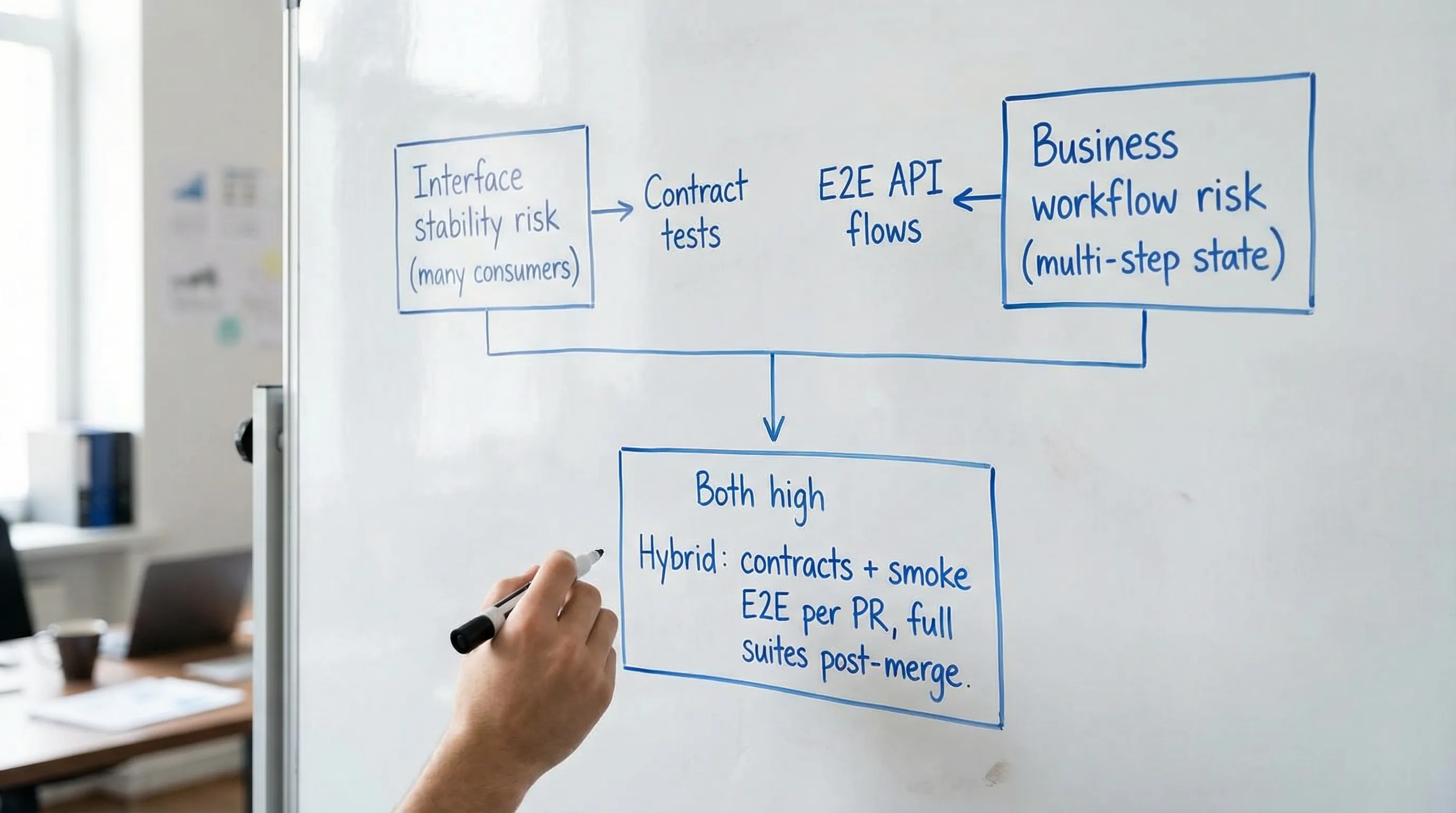 A simple decision diagram with three boxes: “Interface stability risk (many consumers)” leading to “Contract tests,” “Business workflow risk (multi-step state)” leading to “E2E API flows,” and “Both high” leading to “Hybrid: contracts + smoke E2E per PR, full suites post-merge.”