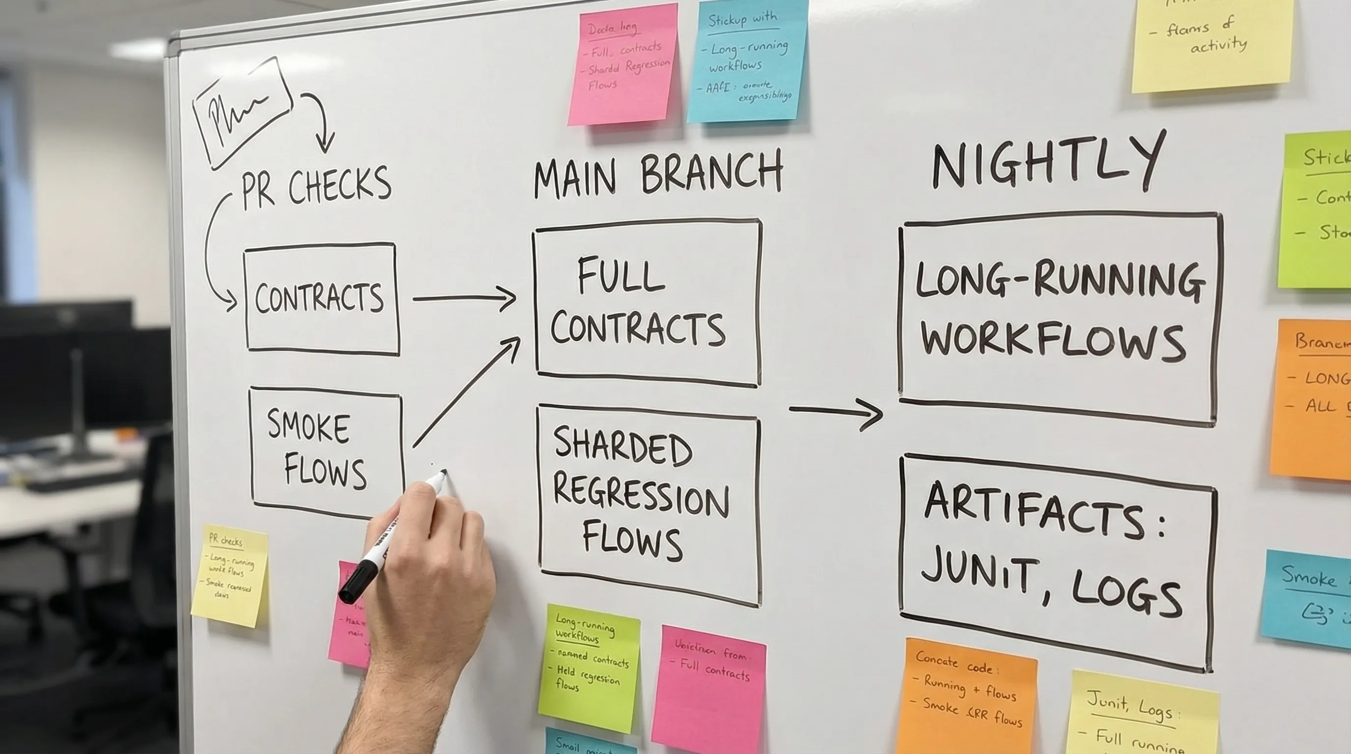 A CI pipeline sketch showing three stages: PR checks (contracts + smoke flows), main branch (full contracts + sharded regression flows), nightly (long-running workflows + artifacts like JUnit and logs).