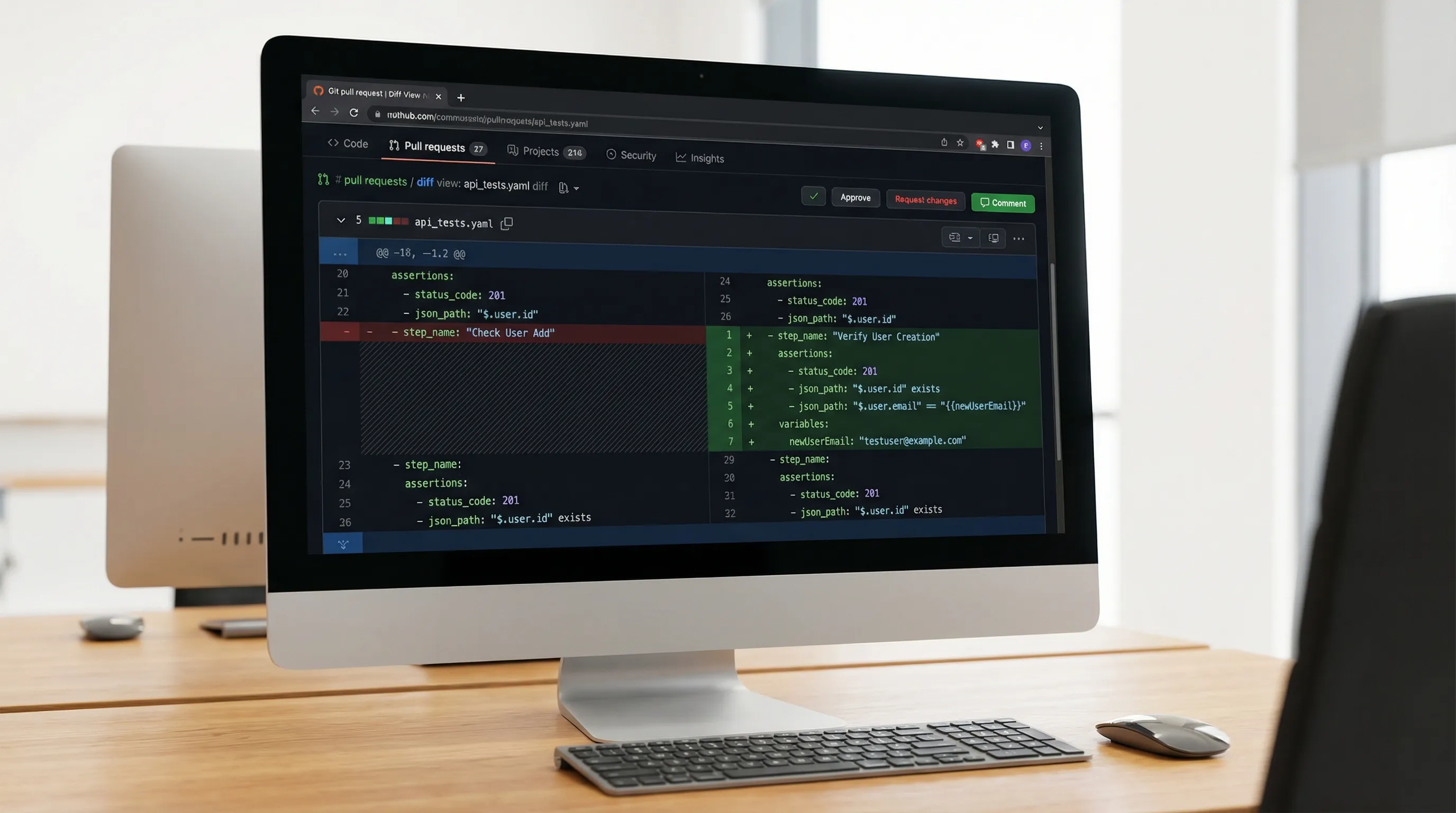 A Git pull request diff view showing a YAML API test file with a few added assertions, a renamed step, and a new extracted variable; the diff highlights make the behavioral change easy to review.