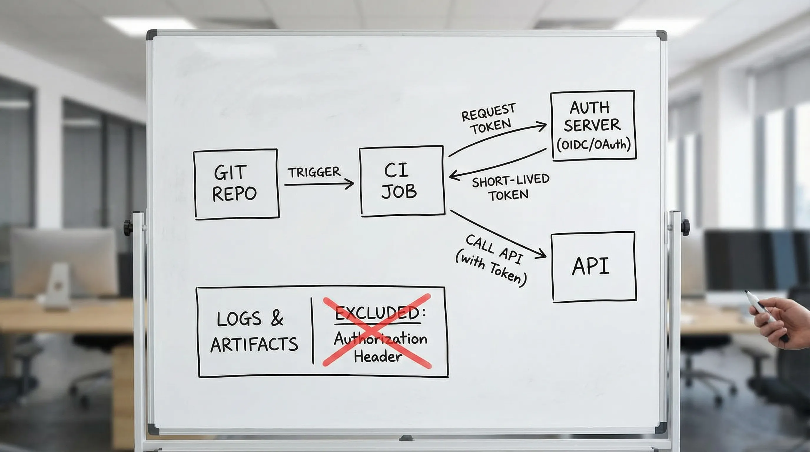 A simple diagram of CI authentication: Git repo triggers CI job, CI requests a short-lived token from an auth server (OIDC or OAuth), then calls the API using that token, with logs and artifacts explicitly excluding the Authorization header.