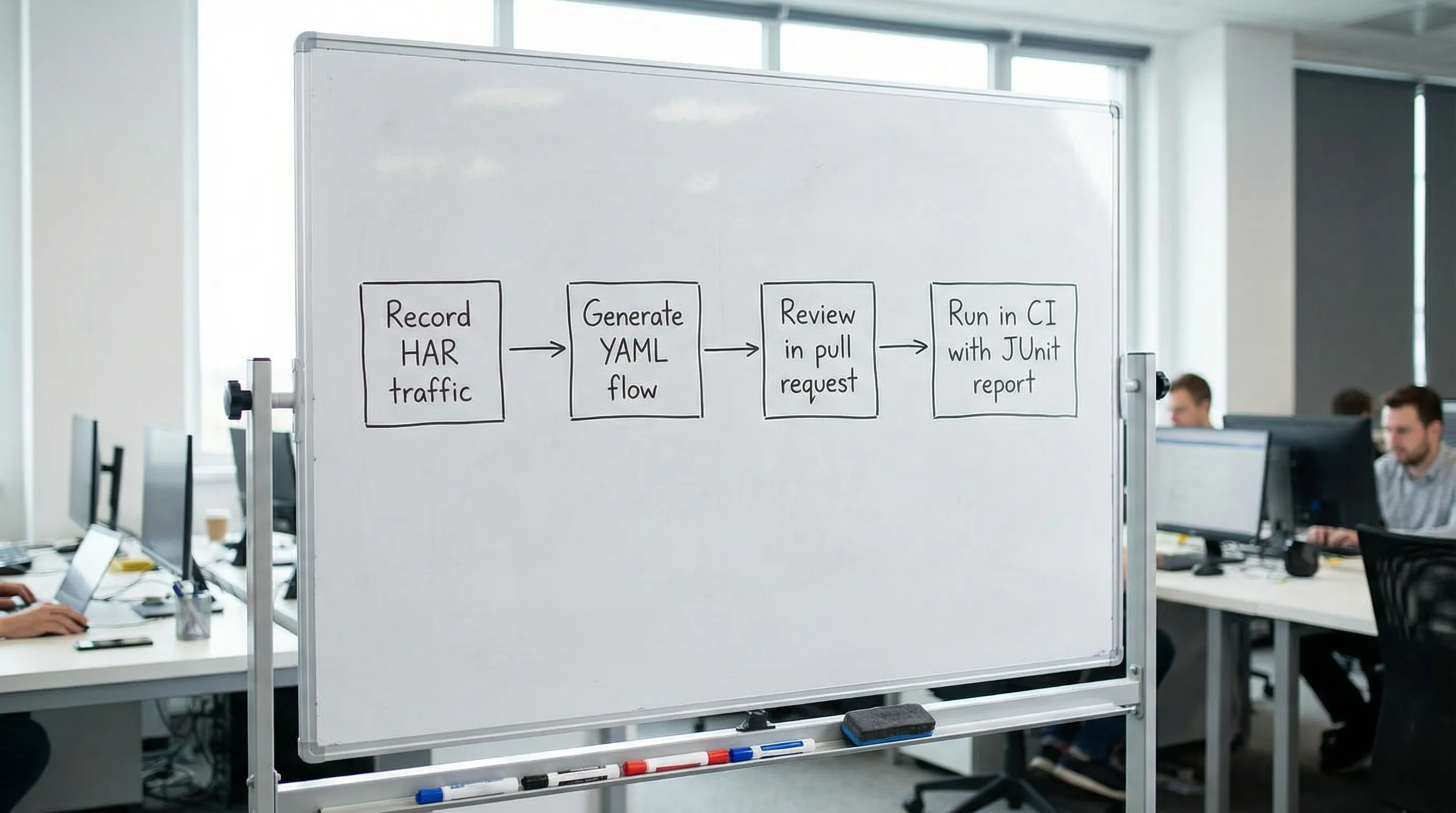 A simple pipeline diagram with four boxes connected left to right: Record HAR traffic, Generate YAML flow, Review in pull request, Run in CI with JUnit report.