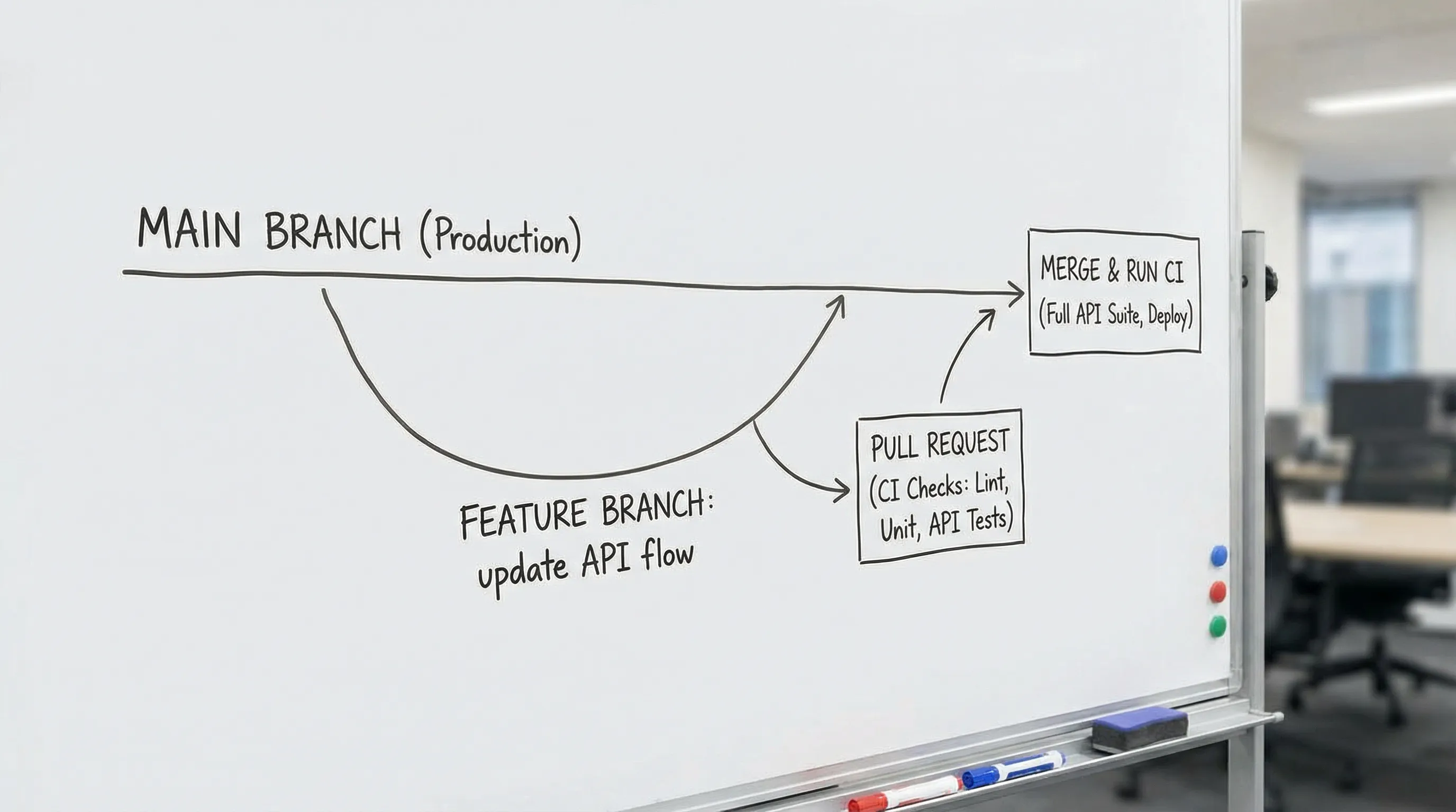 A simple diagram of GitHub Flow applied to API testing: a main branch, a short-lived feature branch labeled “update API flow,” a pull request with CI checks, then merge back to main and run tests in CI.