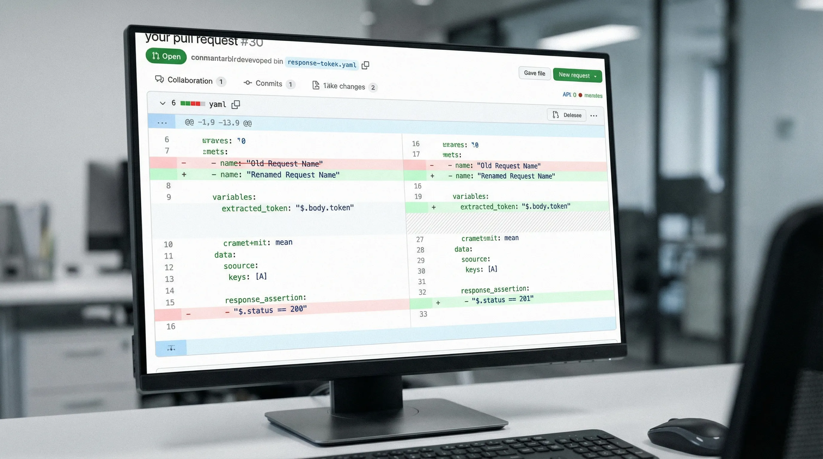 A pull request diff view showing a YAML API test flow change: one request step renamed, an extracted variable added, and an assertion modified, with readable line-by-line context like normal code review.
