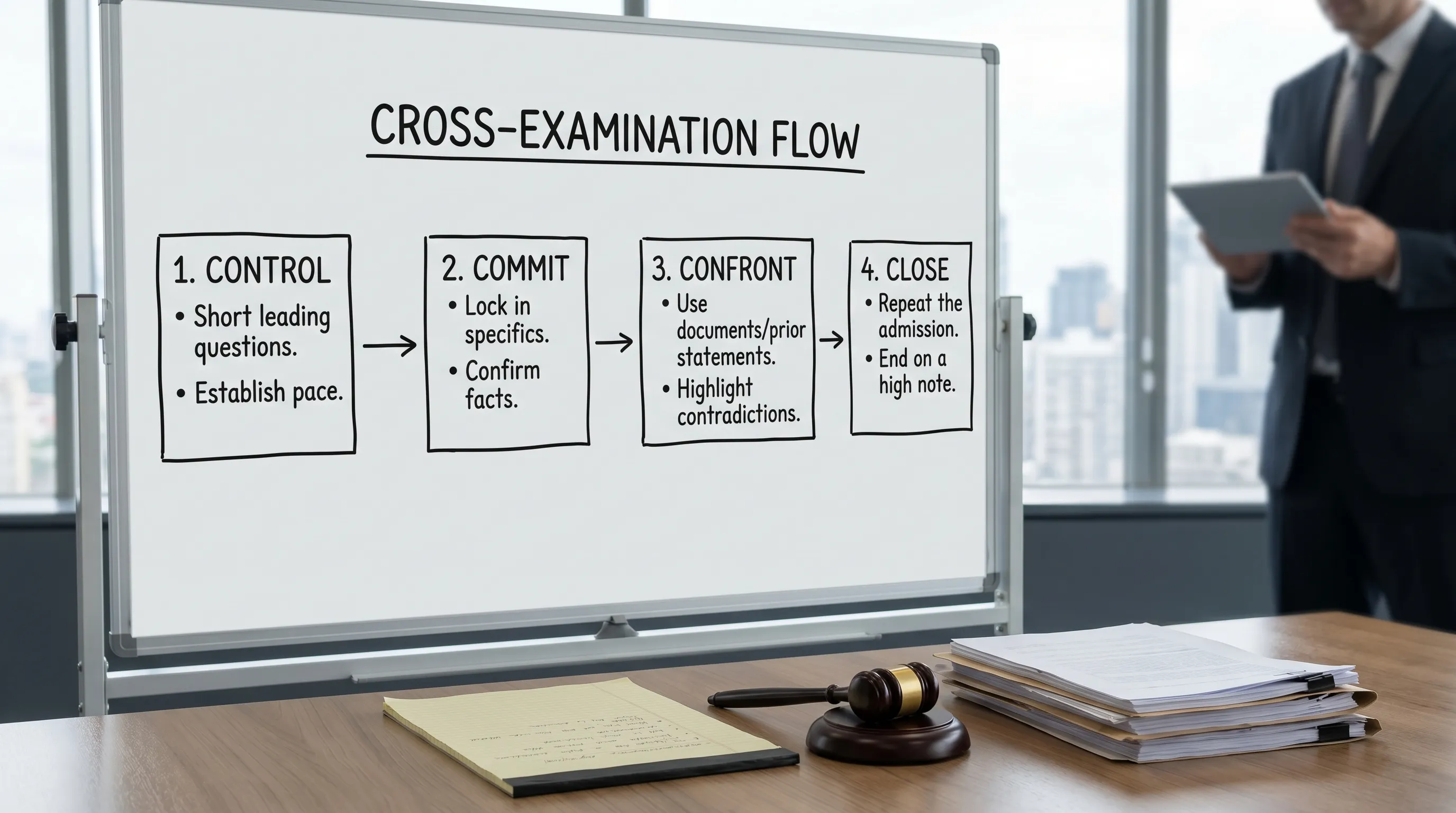 A simple courtroom prep graphic showing a four-step cross examination flow: Control (short leading questions), Commit (lock in specifics), Confront (use documents/prior statements), Close (repeat the admission).