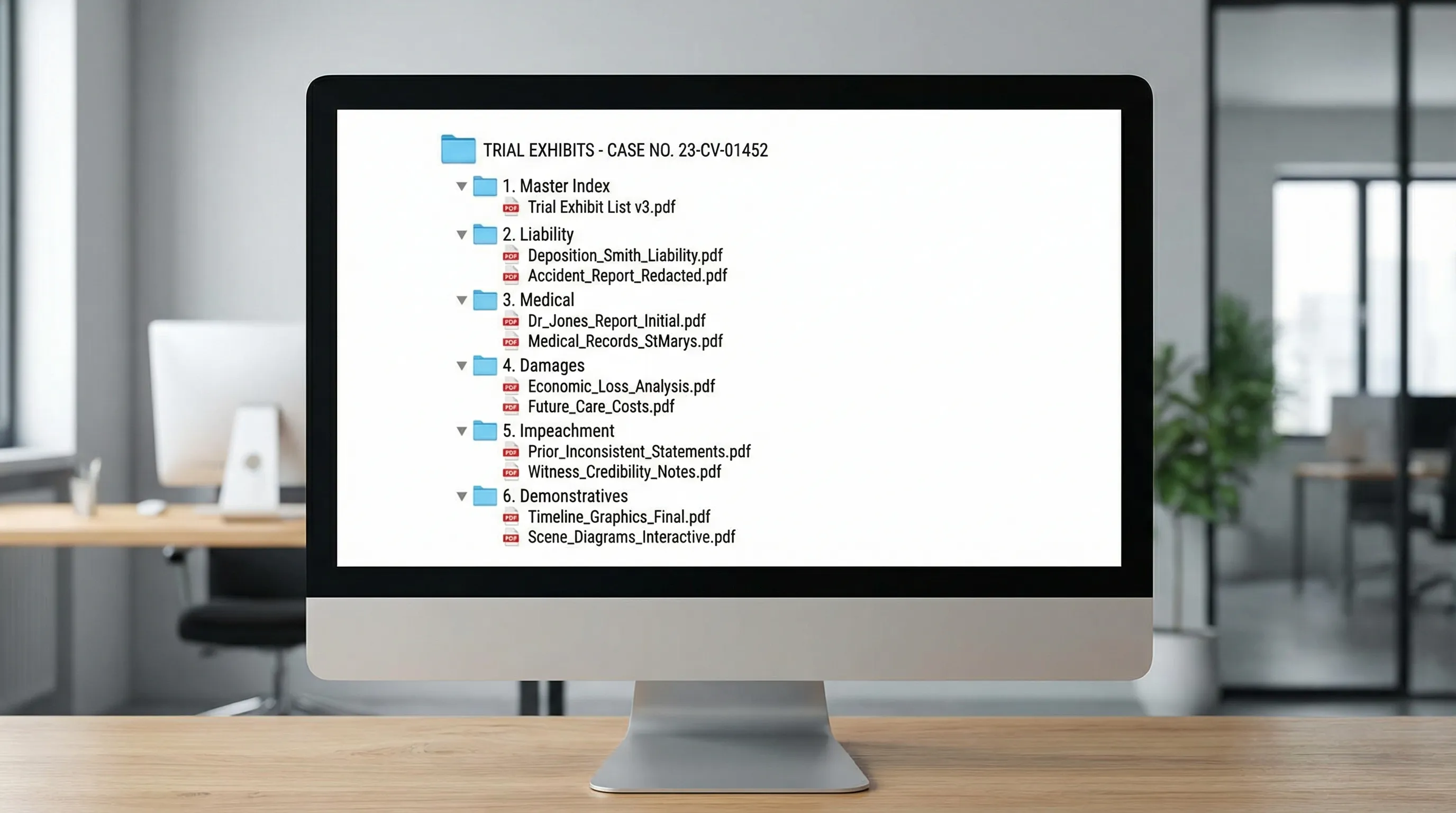 A clean digital folder layout for trial exhibits, showing top-level folders like Master Index, Liability, Medical, Damages, Impeachment, and Demonstratives, with a few clearly named PDFs inside each.