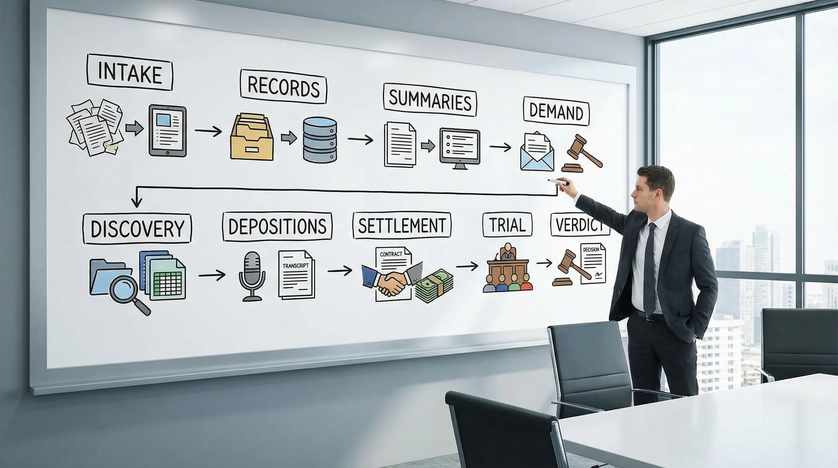 A simple flow diagram showing a litigation workflow from intake to verdict with labeled stages: Intake, Records, Summaries, Demand, Discovery, Depositions, Settlement, Trial. Each stage has an icon for documents transforming into structured outputs.