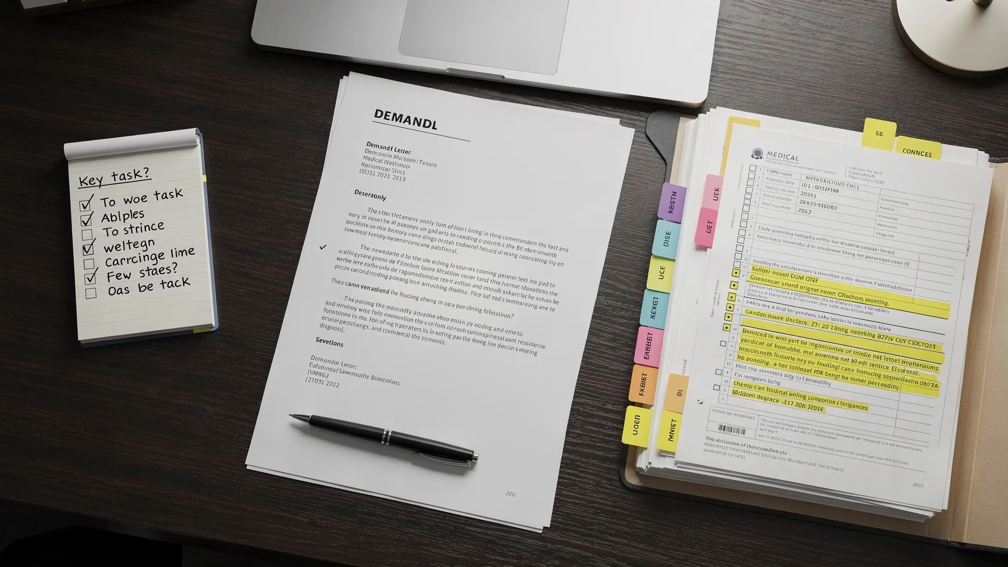 A litigation desk scene with a demand letter draft, a short checklist on a notepad, neatly labeled exhibit tabs, and medical record pages highlighted to show key diagnoses and dates.