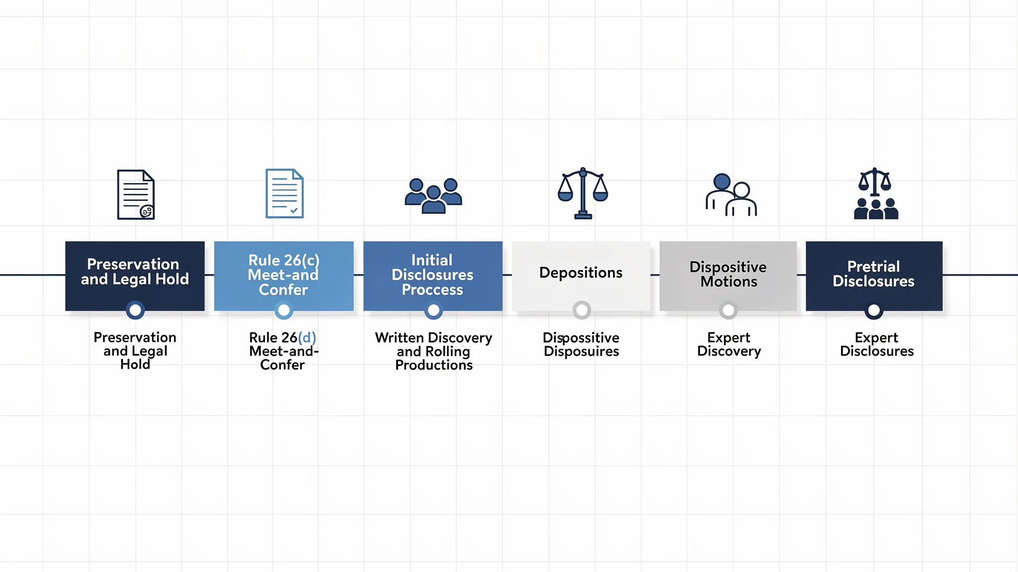 A simple horizontal timeline diagram of the civil discovery process with labeled phases: preservation and legal hold, Rule 26(f) meet-and-confer, initial disclosures, written discovery and rolling productions, depositions, expert discovery, dispositive motions, and pretrial disclosures.