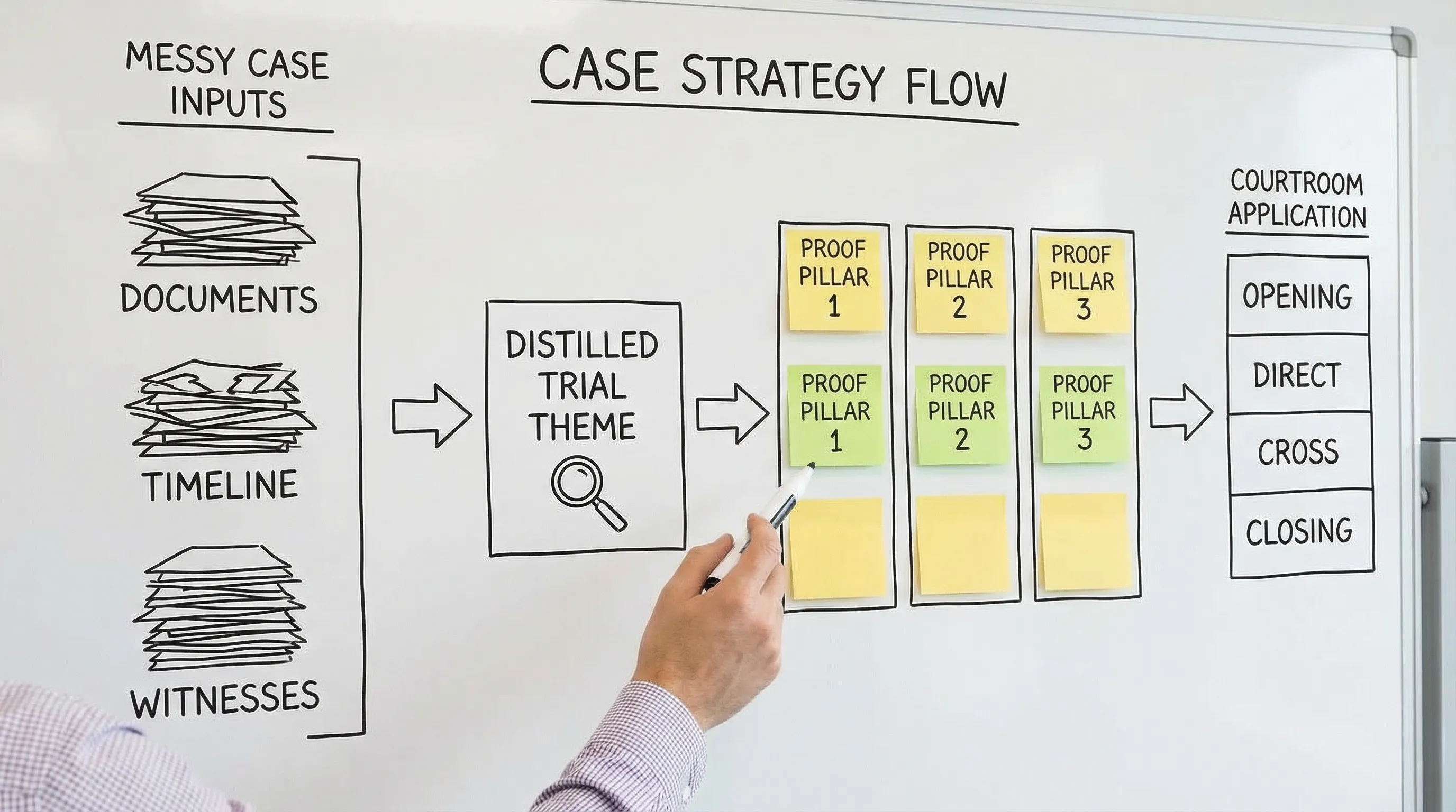 A simple flow diagram showing how messy case inputs (documents, timeline, witnesses) get distilled into a trial theme, then mapped into proof pillars used in opening, direct, cross, and closing.