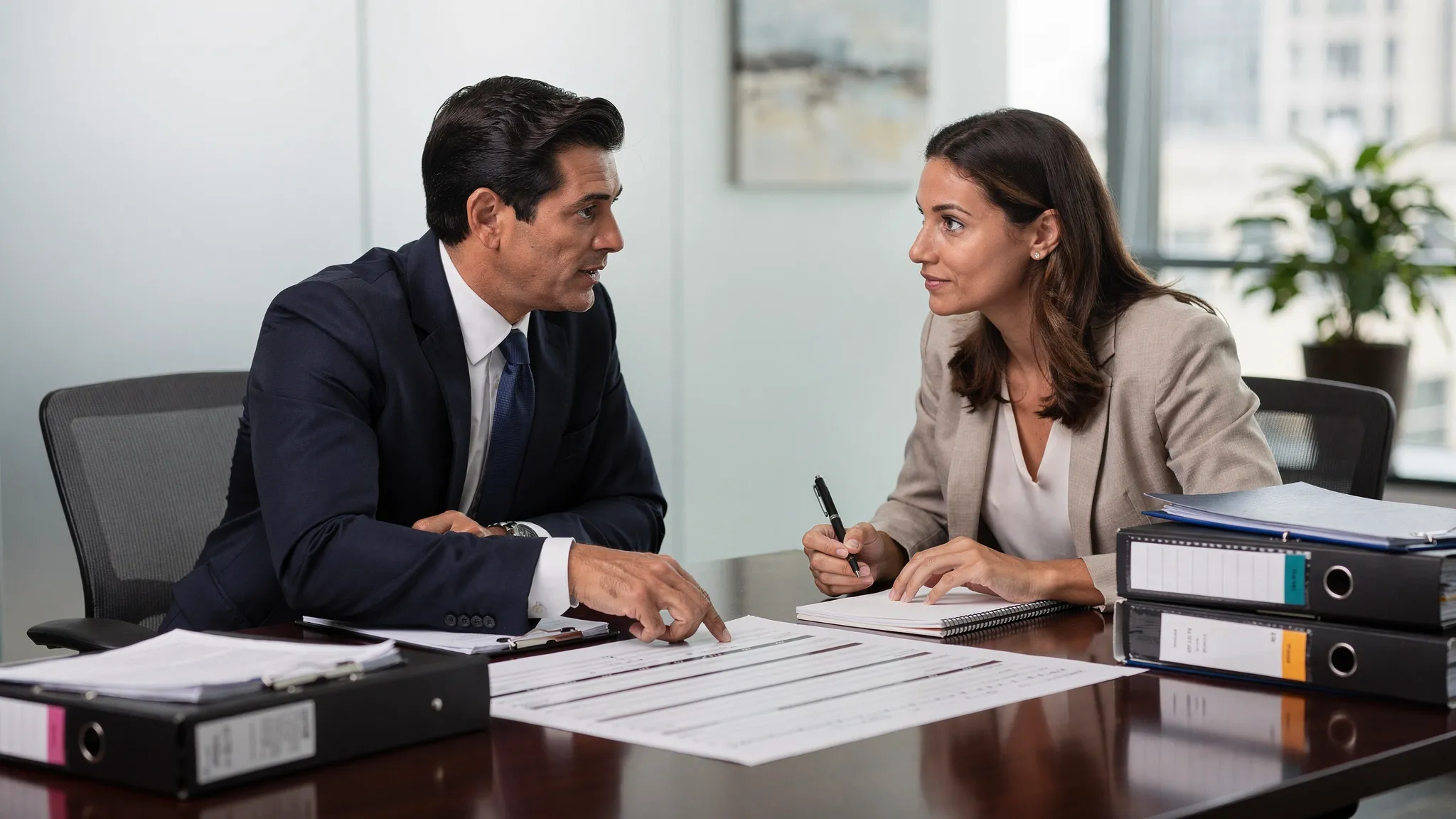 A lawyer and witness seated at a conference table with organized binders, a timeline sheet, and key exhibit tabs visible, preparing for a deposition in a neutral office setting.