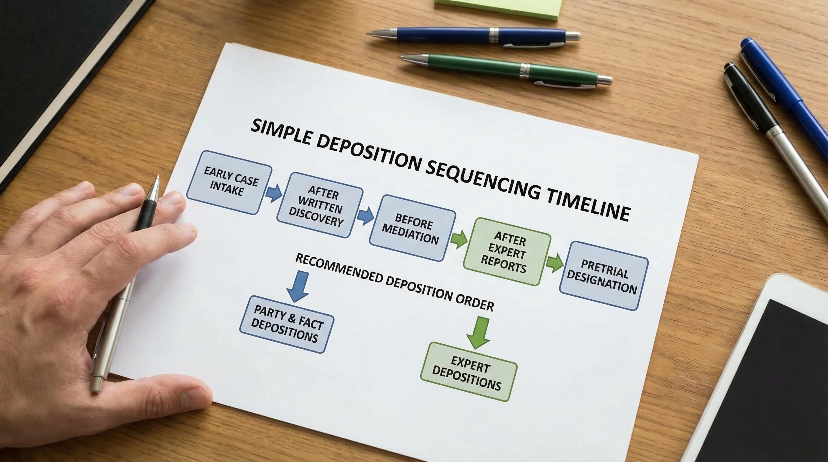 Simple deposition sequencing timeline showing phases: early case intake, after written discovery, before mediation, after expert reports, and pretrial designation, with arrows indicating the recommended order of party, fact, and expert depositions.