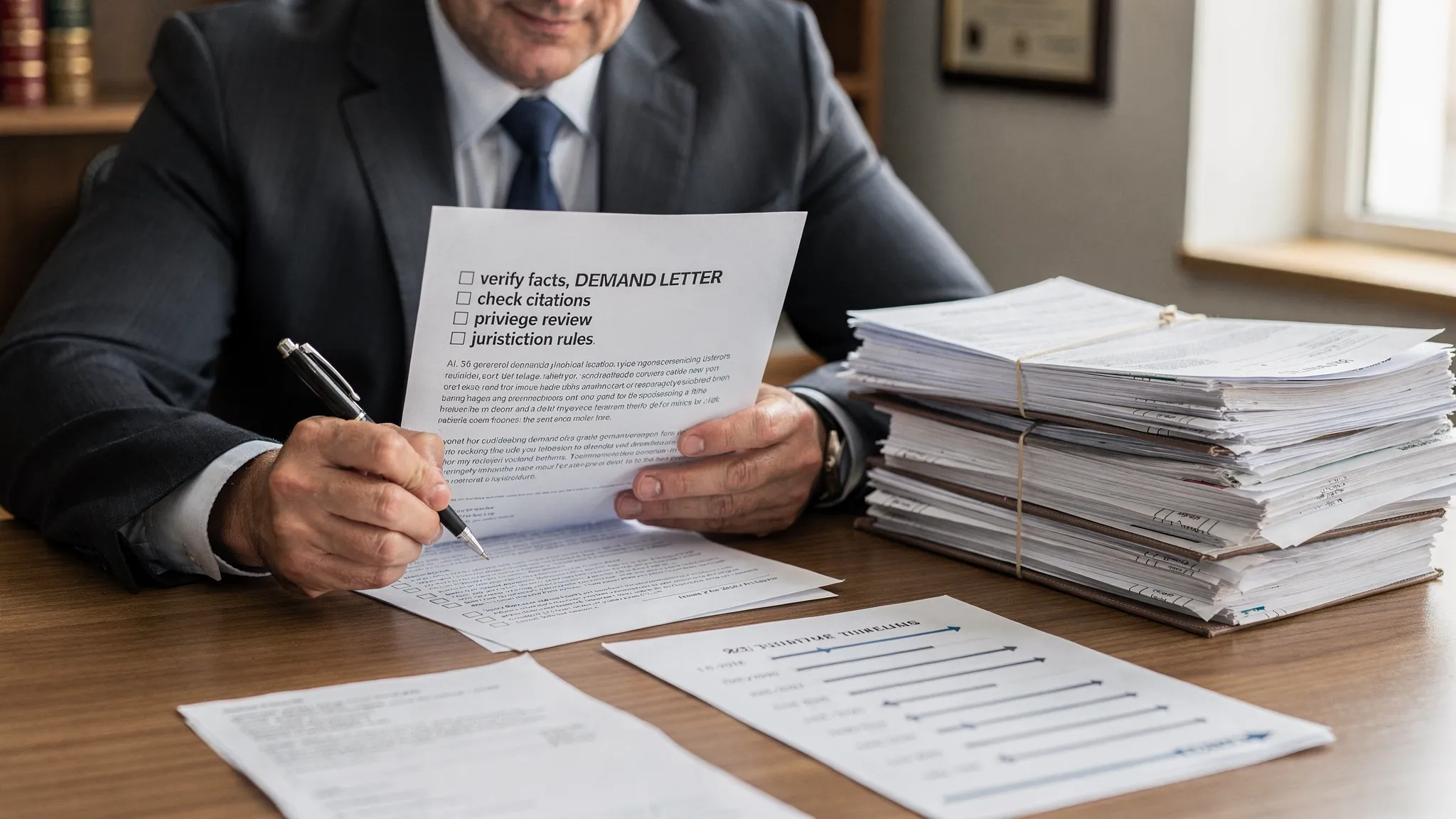 A litigation attorney at a desk reviewing an AI-generated demand letter draft beside a printed checklist labeled “verify facts, check citations, privilege review, jurisdiction rules,” with a stack of medical records and a timeline sheet.