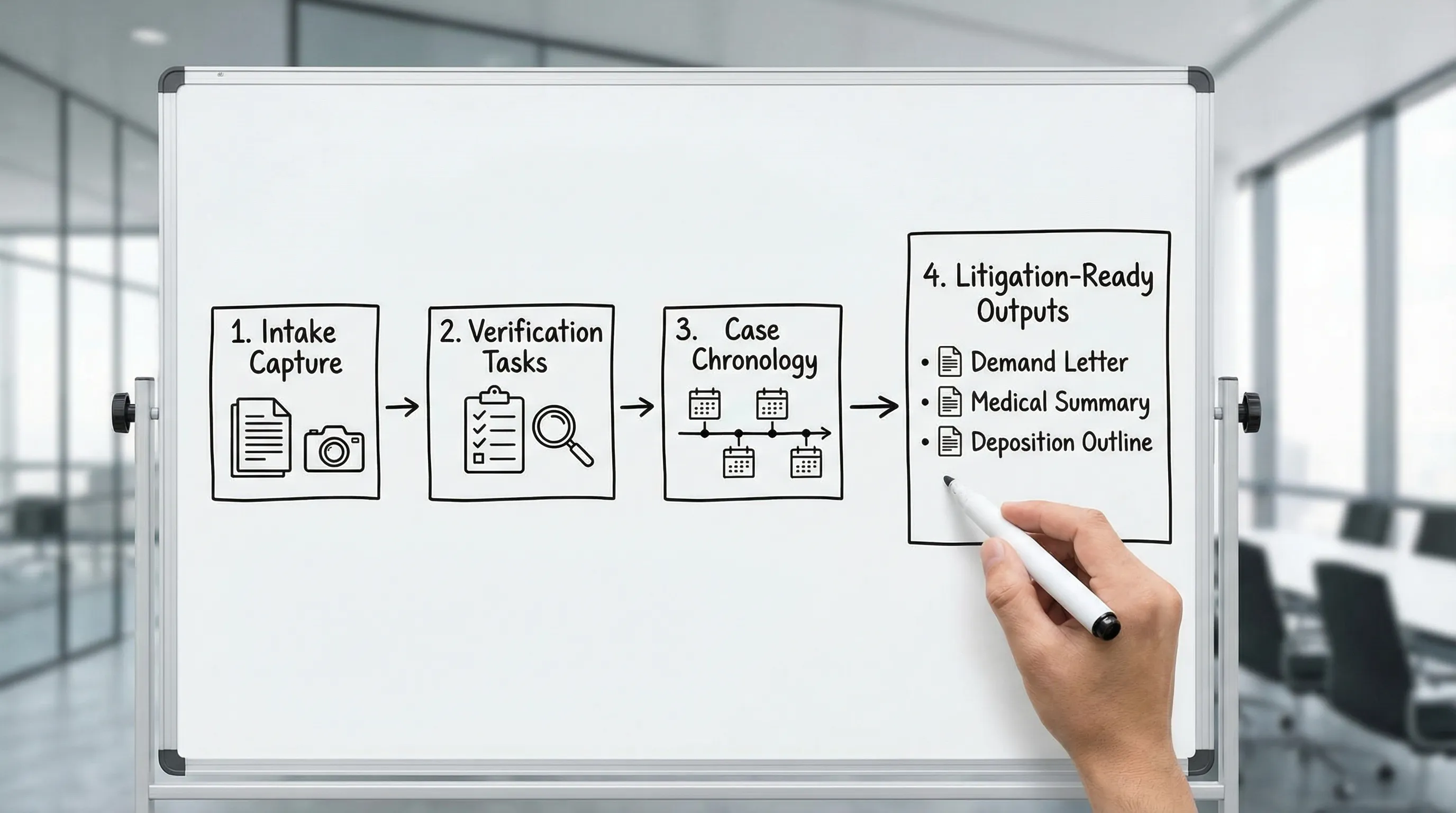 A simple 4-step workflow diagram showing Intake Capture, Verification Tasks, Case Chronology, and Litigation-Ready Outputs (demand letter, medical summary, deposition outline).