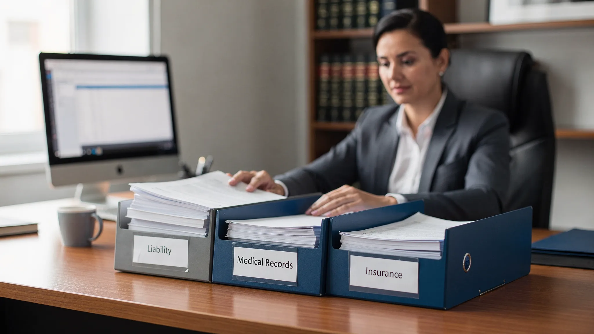 A legal professional organizing intake documents at a desk with labeled folders for liability, medical records, and insurance, preparing to generate case materials.