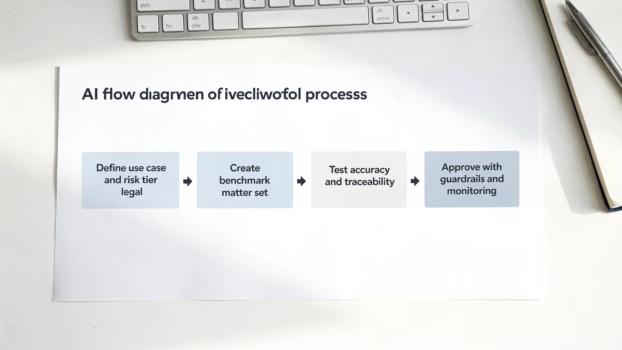 A simple flow diagram showing an AI legal tool evaluation process with four boxes connected by arrows: “Define use case and risk tier,” “Create benchmark matter set,” “Test accuracy and traceability,” and “Approve with guardrails and monitoring.”