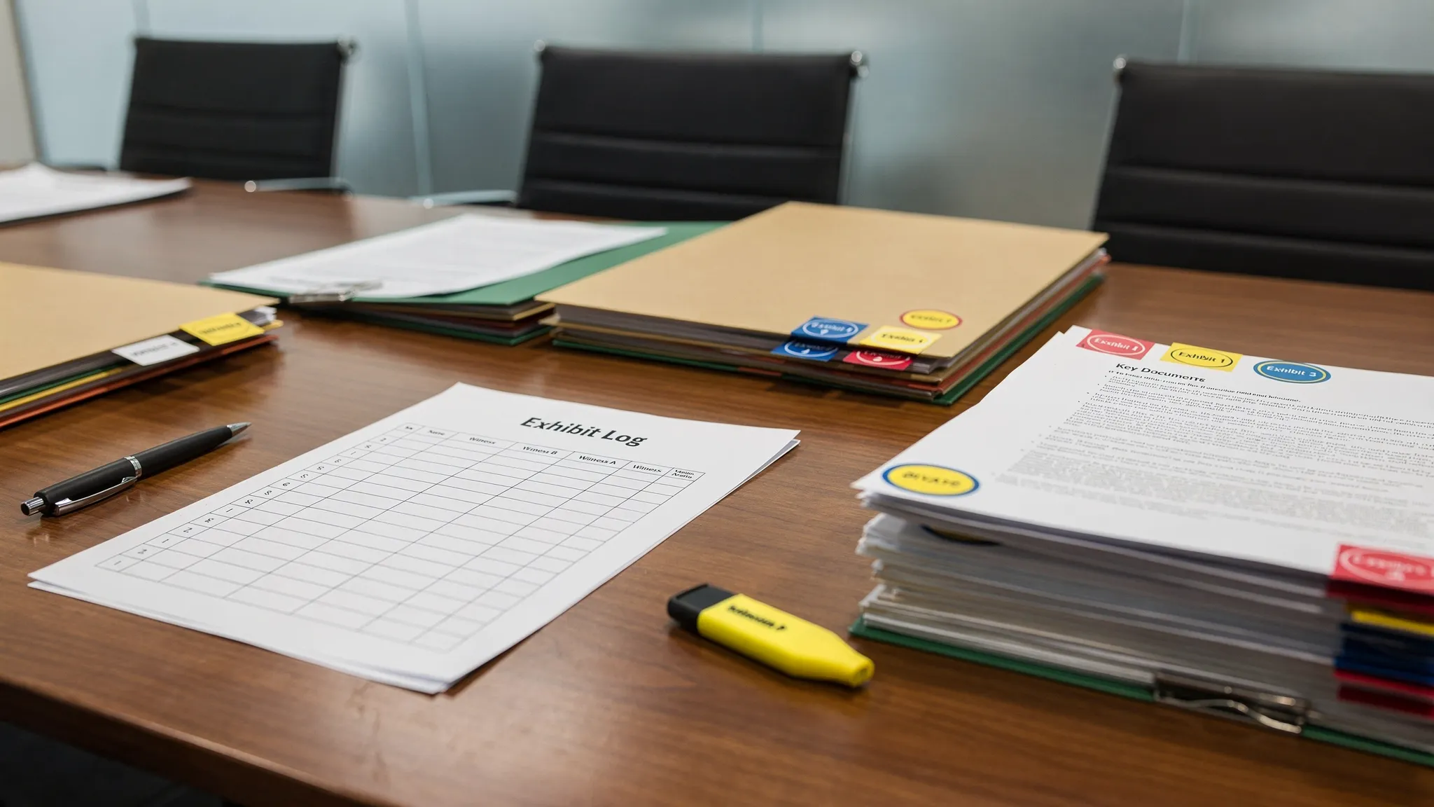 A clean, organized deposition prep workspace with a printed exhibit log, labeled folders, and a stack of pre-marked exhibits with visible exhibit stickers, arranged neatly on a conference table.