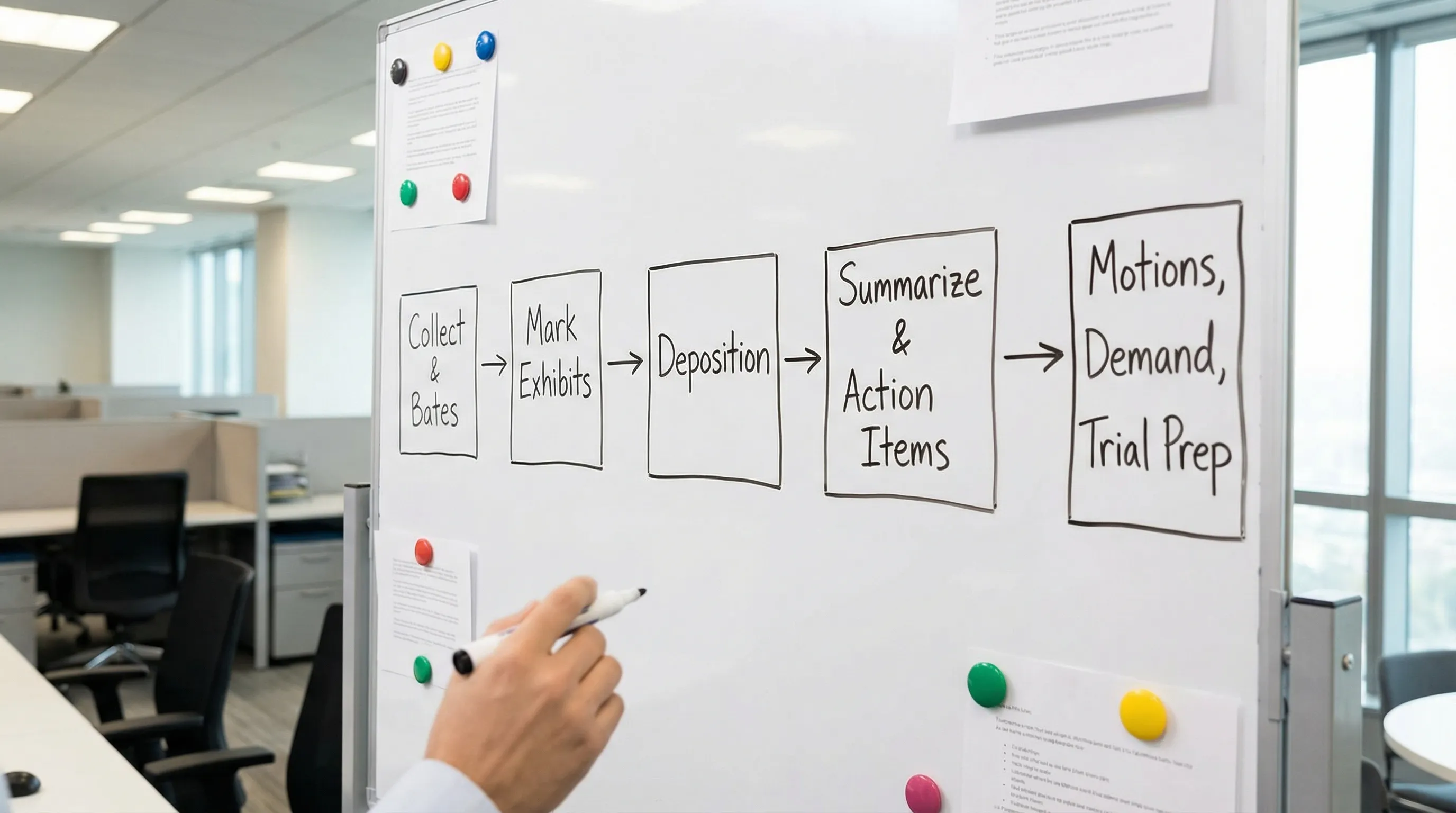 A simple flow diagram showing deposition documents moving from “Collect & Bates” to “Mark Exhibits” to “Deposition” to “Summarize & Action Items,” with a final box labeled “Motions, Demand, Trial Prep.”