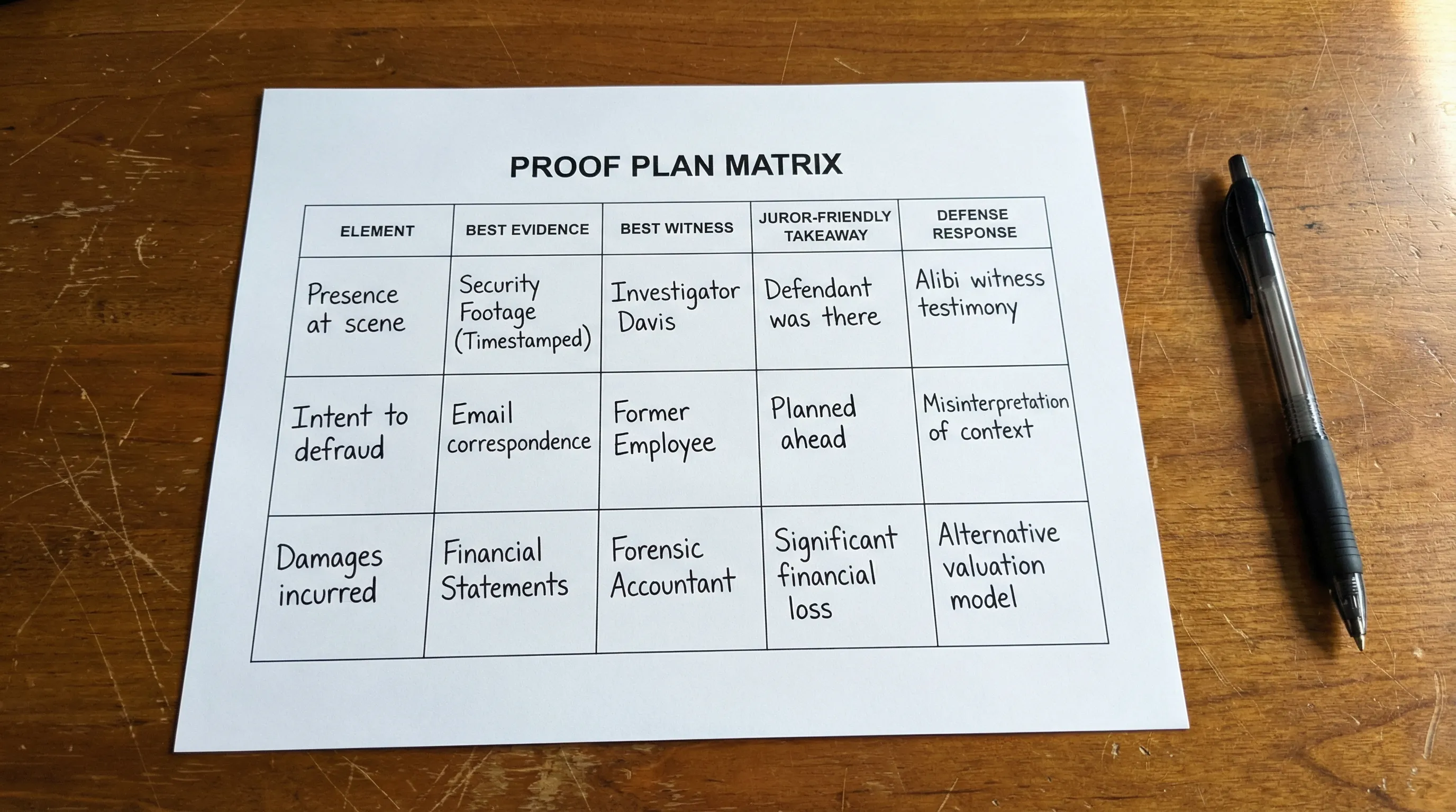 Simple proof plan matrix on a single page: columns for element, best evidence, best witness, juror-friendly takeaway, and defense response, shown with a few example rows.