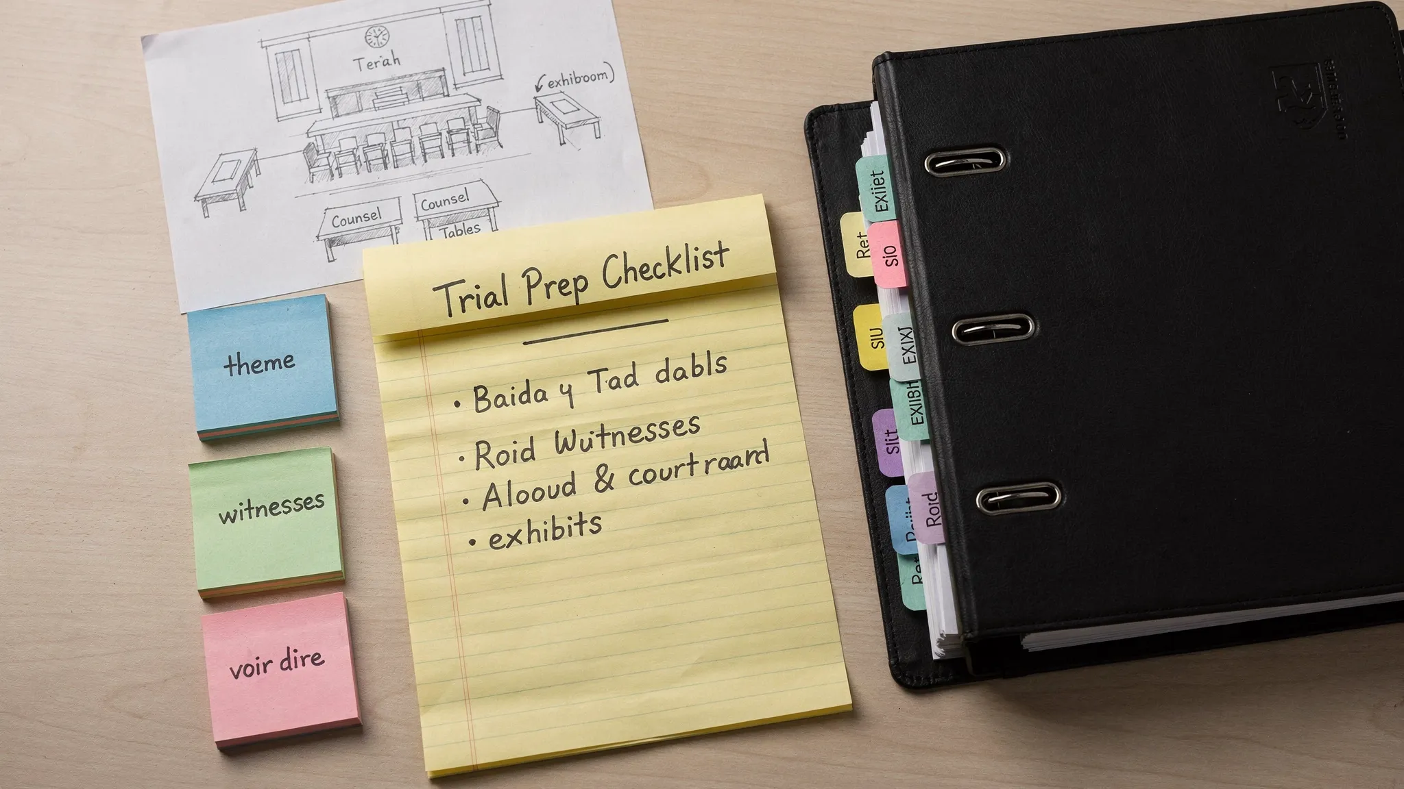 A trial prep checklist on a legal pad next to a trial binder with tabbed exhibits, a courtroom seating chart sketch, and color-coded sticky notes labeled theme, witnesses, exhibits, and voir dire.