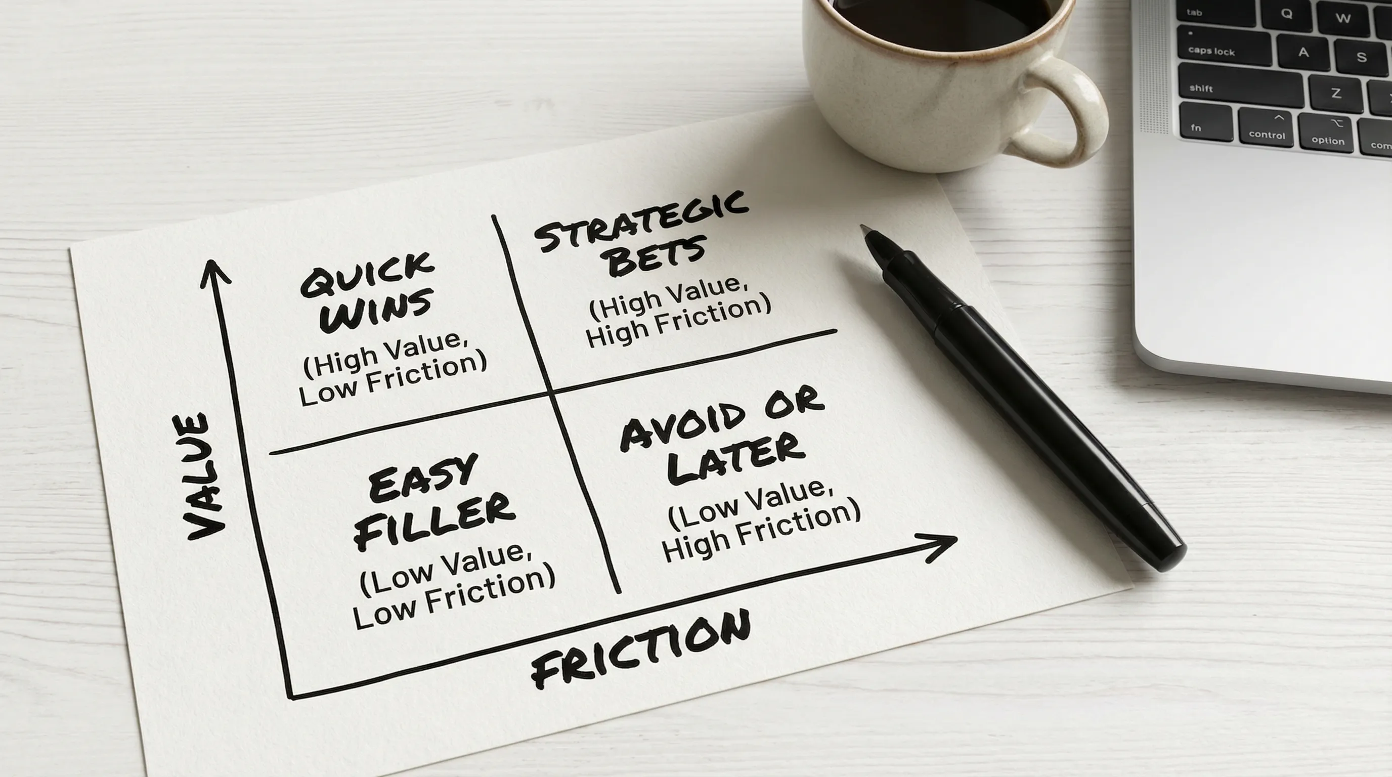 A simple 2x2 matrix labeled “Value” on the vertical axis and “Friction” on the horizontal axis, with four quadrants: Quick Wins (high value, low friction), Strategic Bets (high value, high friction), Easy Filler (low value, low friction), and Avoid or Later (low value, high friction).