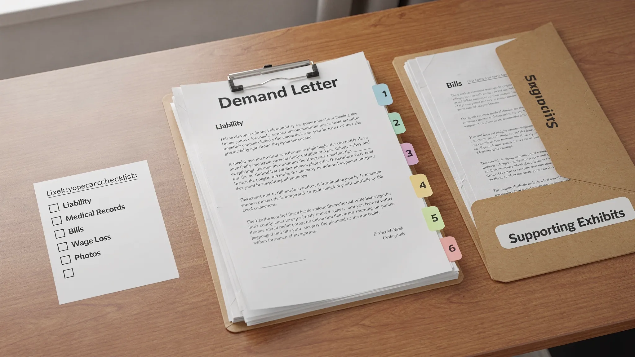 An organized demand letter packet on a desk with labeled sections for liability, medical records, bills, wage loss, and photos, alongside a simple checklist and a folder of supporting exhibits.