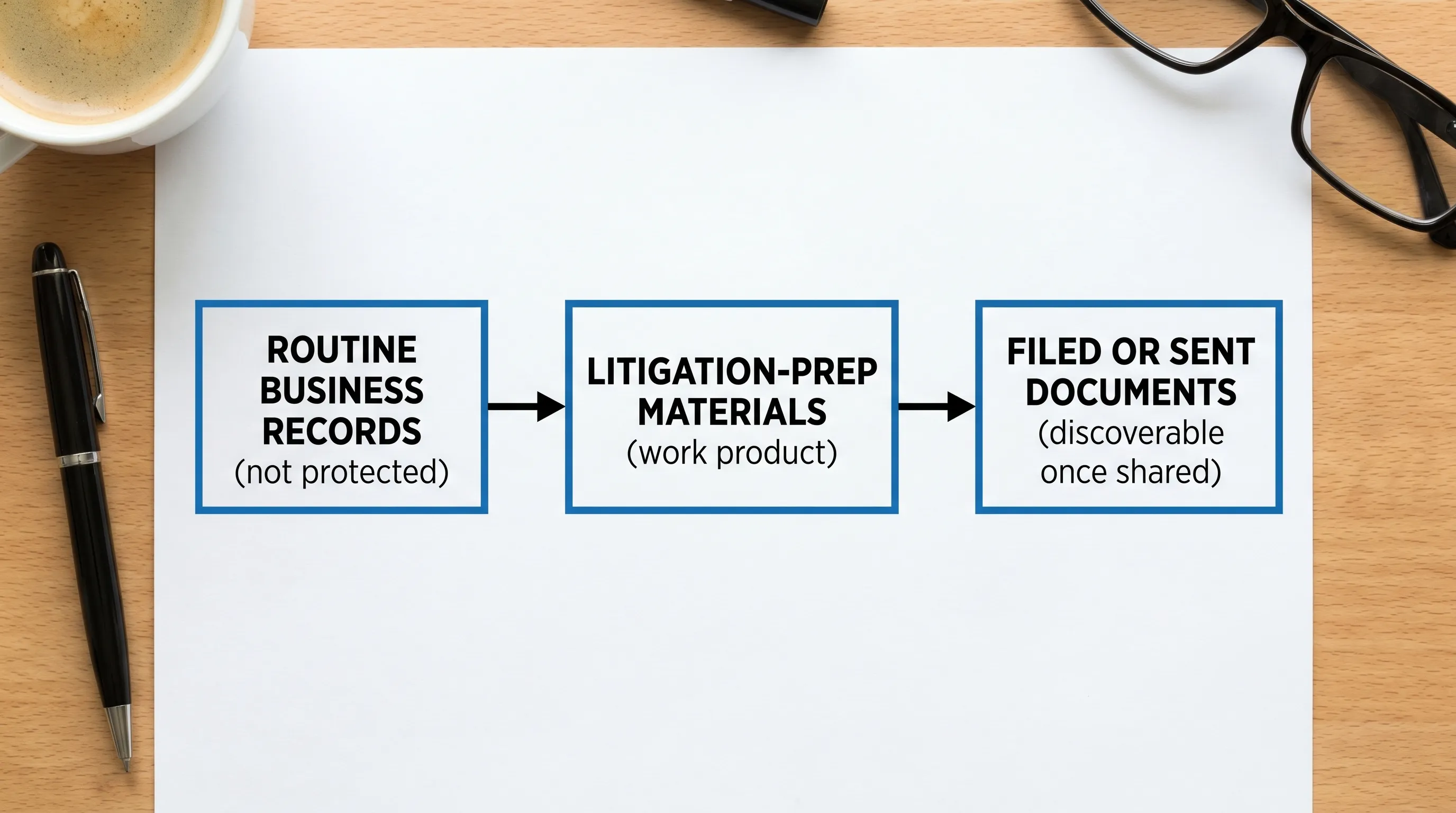 Simple flow diagram showing three labeled boxes connected left to right: “Routine business records” (not protected), “Litigation-prep materials” (work product), and “Filed or sent documents” (discoverable once shared).