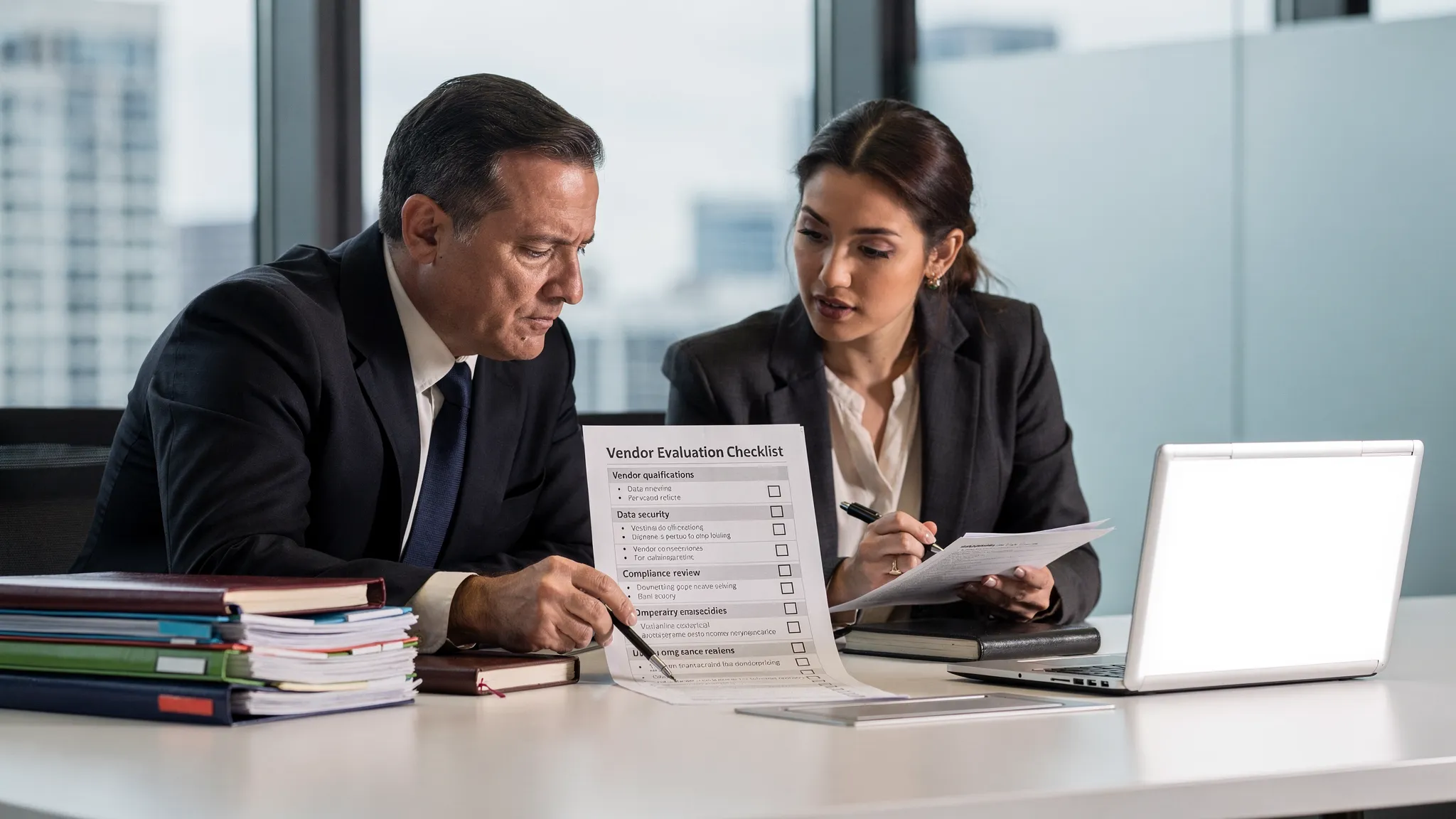 An attorney and a paralegal at a conference table reviewing a printed vendor evaluation checklist beside organized case files and a laptop with a blank screen; the scene emphasizes due diligence, confidentiality, and workflow planning.