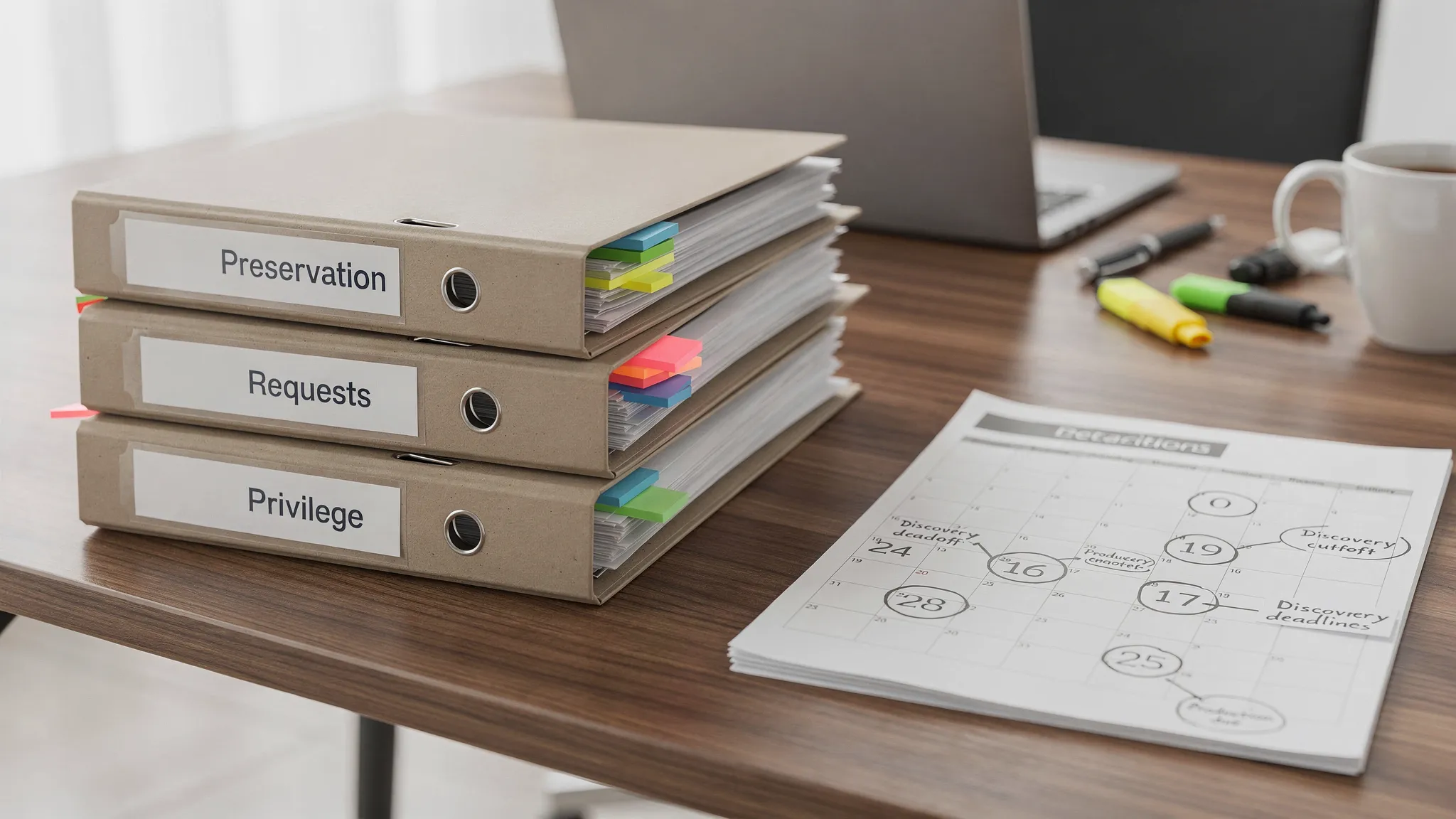 A clean, organized litigation discovery workspace with labeled folders for “Preservation,” “Requests,” “Productions,” “Privilege,” and “Depositions,” plus a simple calendar page showing key discovery deadlines.