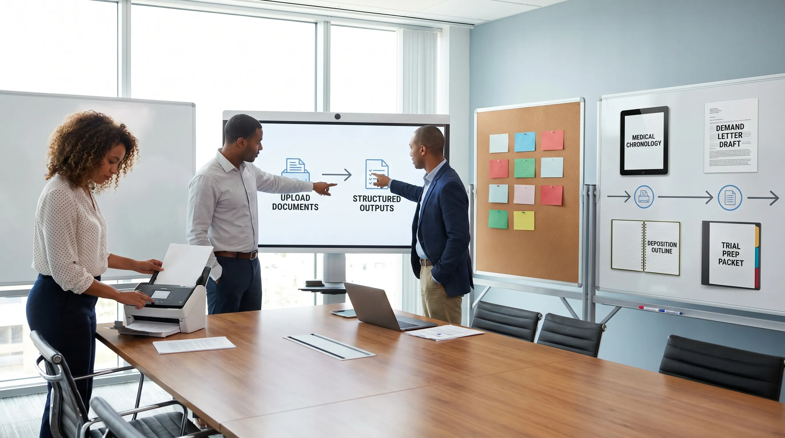 A clean workflow illustration showing a litigation team uploading case documents, then receiving structured outputs like a medical chronology, demand letter draft, deposition outline, and trial prep packet, arranged as a simple left-to-right pipeline.