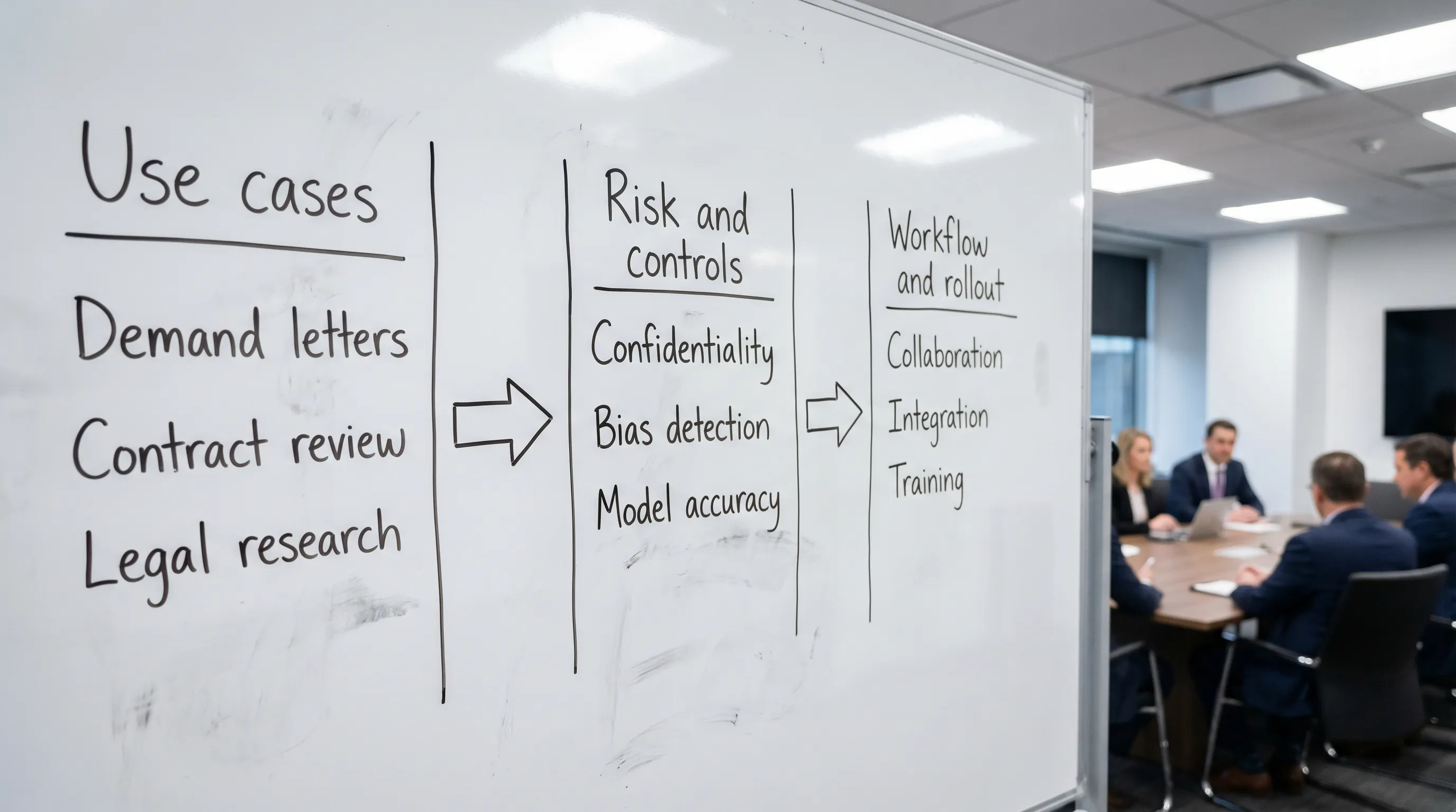 A simple three-column diagram showing an AI buying process for litigation teams: “Use cases” leading to “Risk and controls” leading to “Workflow and rollout,” with each column listing 2-3 short examples like demand letters, confidentiality, and collaboration.