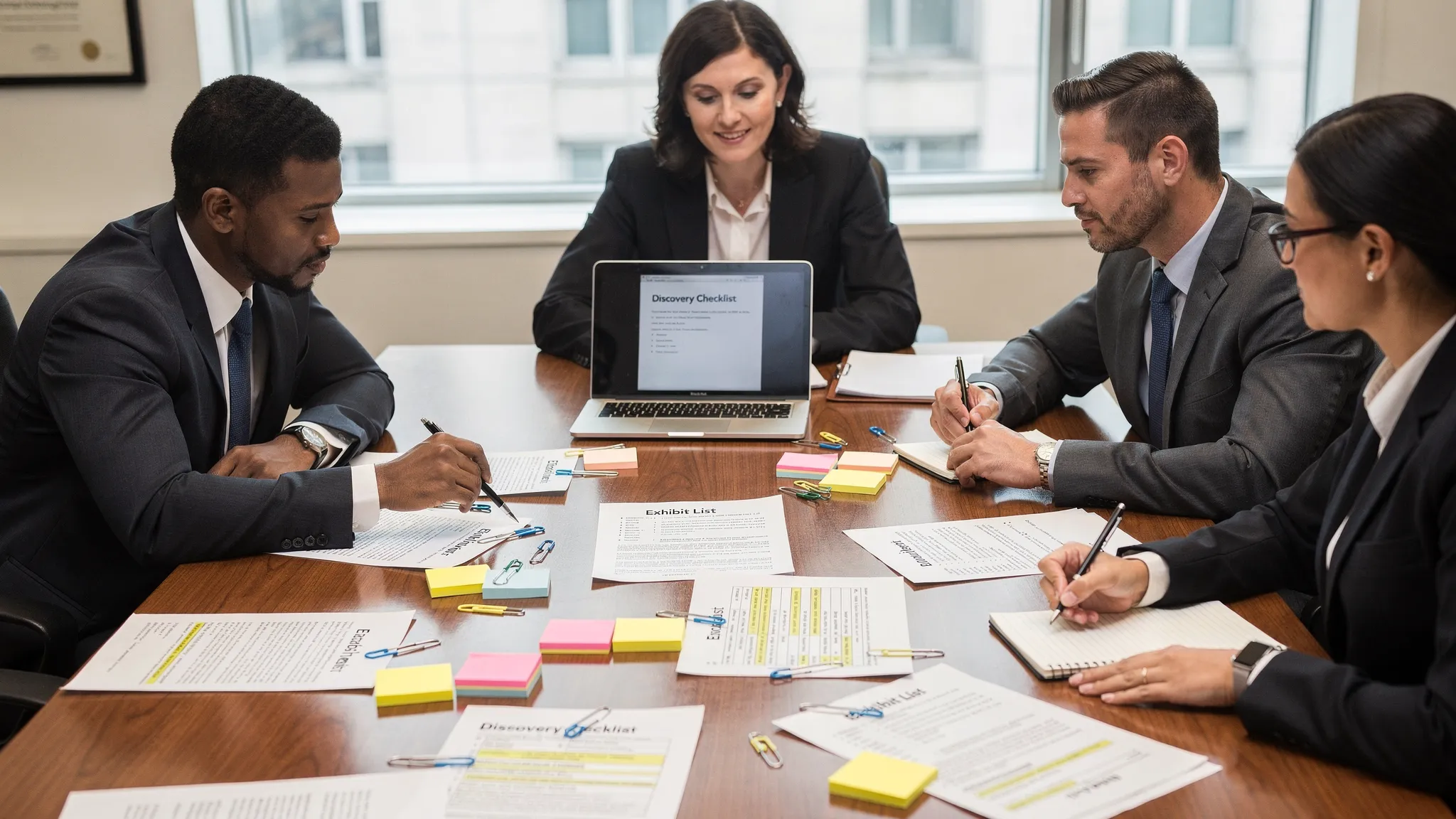A legal team collaborating around printed documents and a laptop (screen facing the team), reviewing a discovery checklist and highlighted exhibits on a conference table.