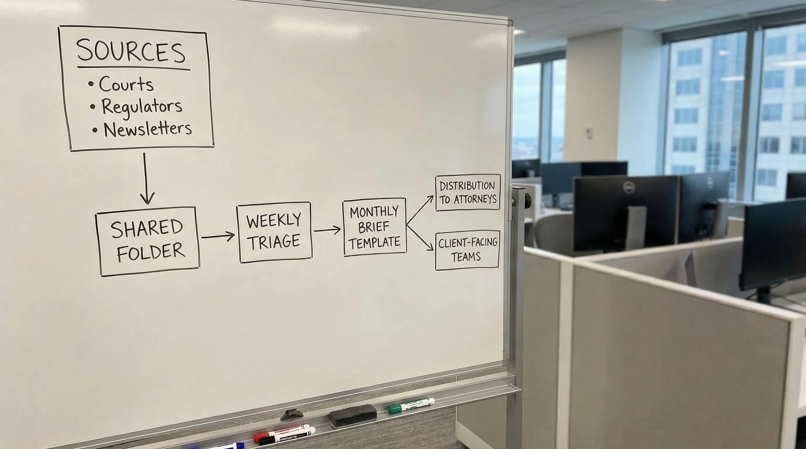 Simple workflow diagram showing: Sources (courts, regulators, newsletters) flowing into a shared folder, then a weekly triage step, then a monthly brief template, ending with distribution to attorneys and client-facing teams.