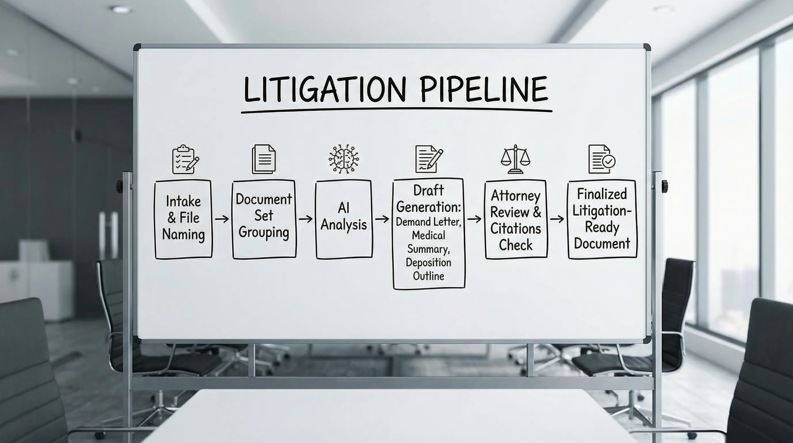 A simple workflow diagram showing a litigation pipeline: Intake and file naming, document set grouping, AI analysis, draft generation (demand letter, medical summary, deposition outline), attorney review and citations check, finalized litigation-ready document.