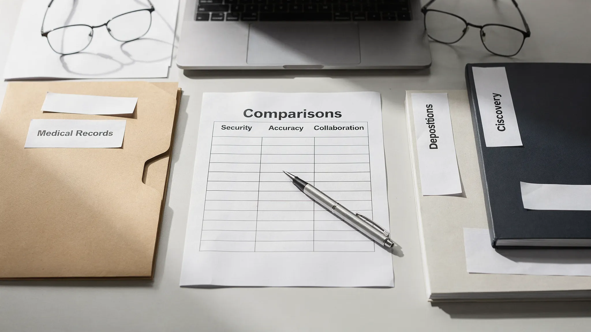 A legal team’s comparison checklist on a desk with folders labeled “Medical Records,” “Discovery,” and “Depositions,” alongside a simple feature matrix showing security, accuracy, outputs, and collaboration as evaluation columns.