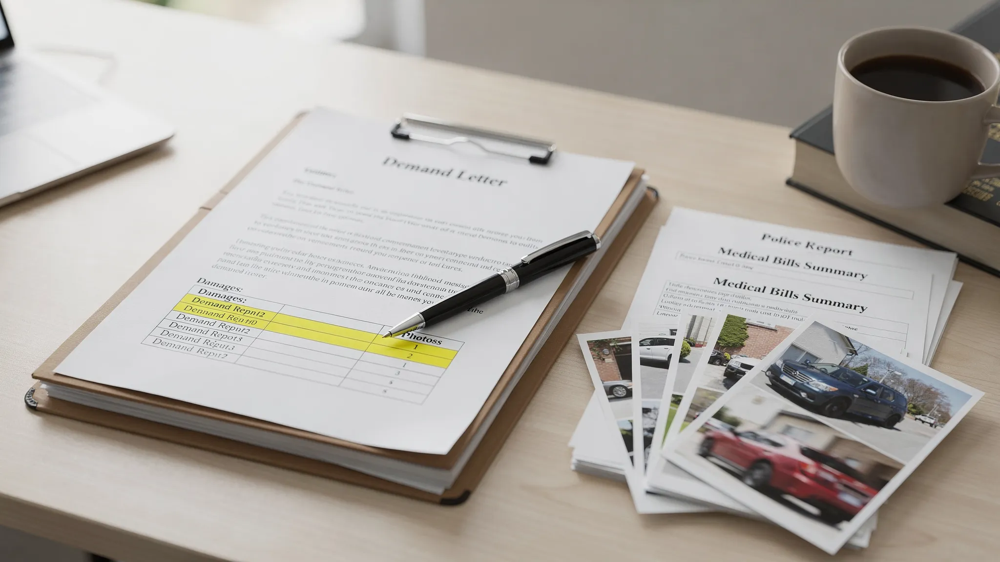 A clean, organized desk scene with a demand letter draft on top of a case file, labeled exhibits beside it (police report, medical bills summary, photos), and a lawyer’s pen pointing to a highlighted damages table.