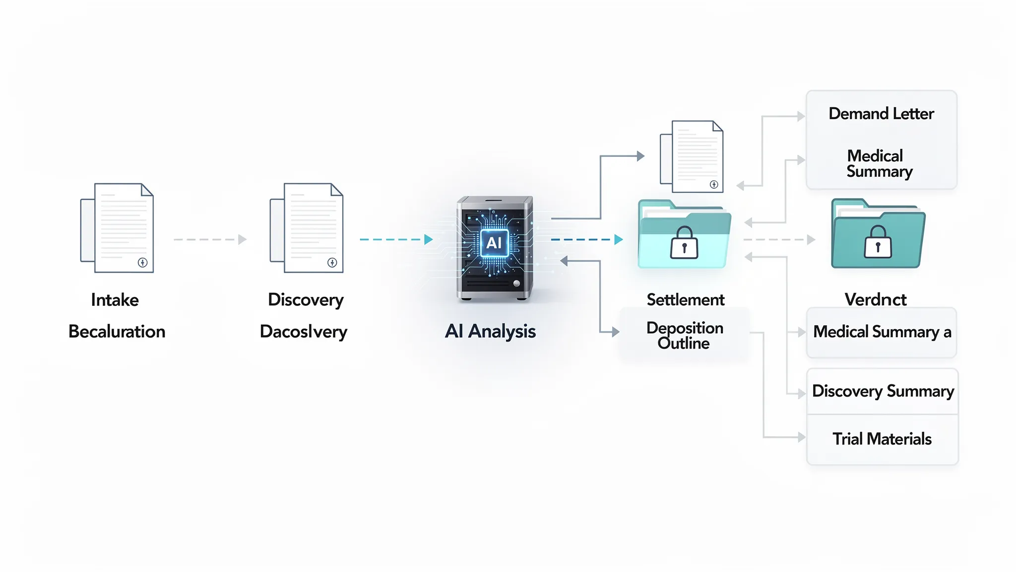 A clean workflow diagram showing the litigation lifecycle from intake to verdict, with documents flowing into an AI analysis step and outputs labeled demand letter, medical summary, deposition outline, discovery summary, and trial materials.