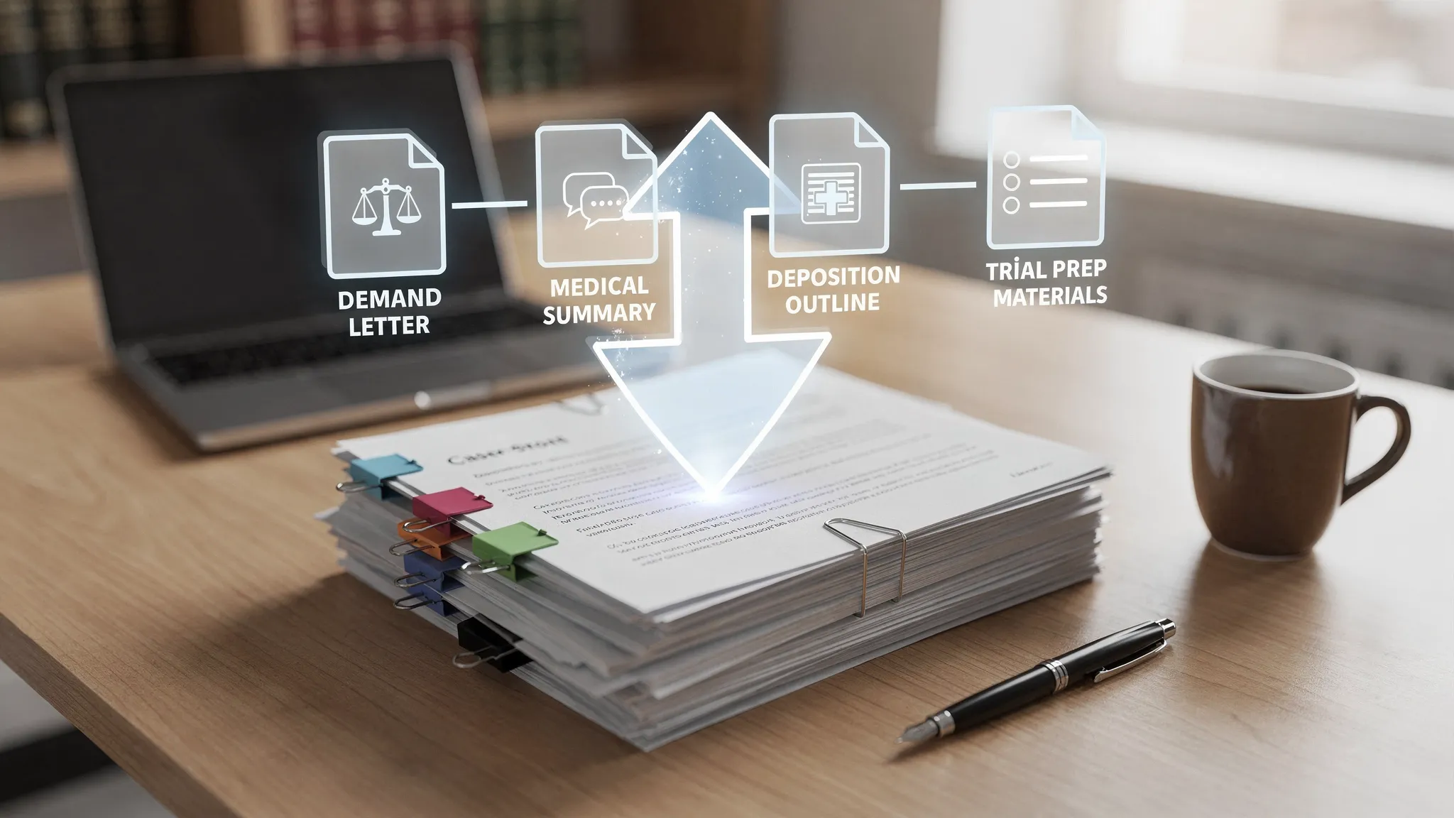 An organized legal workspace scene with a stack of case documents and a secure upload arrow leading into labeled outputs: demand letter, medical summary, deposition outline, and trial prep materials. No visible text on screens.