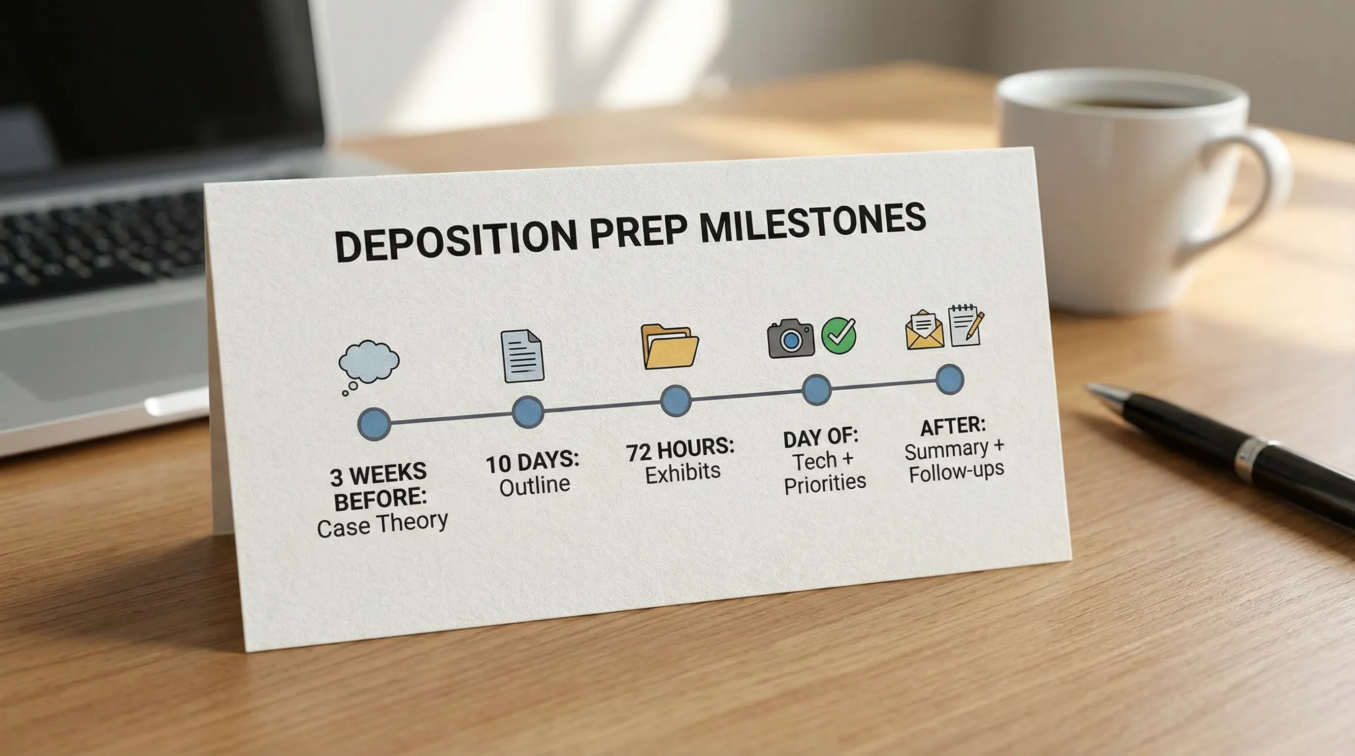 A simple timeline graphic showing deposition prep milestones: 3 weeks before (case theory), 10 days (outline), 72 hours (exhibits), day of (tech + priorities), after (summary + follow-ups).