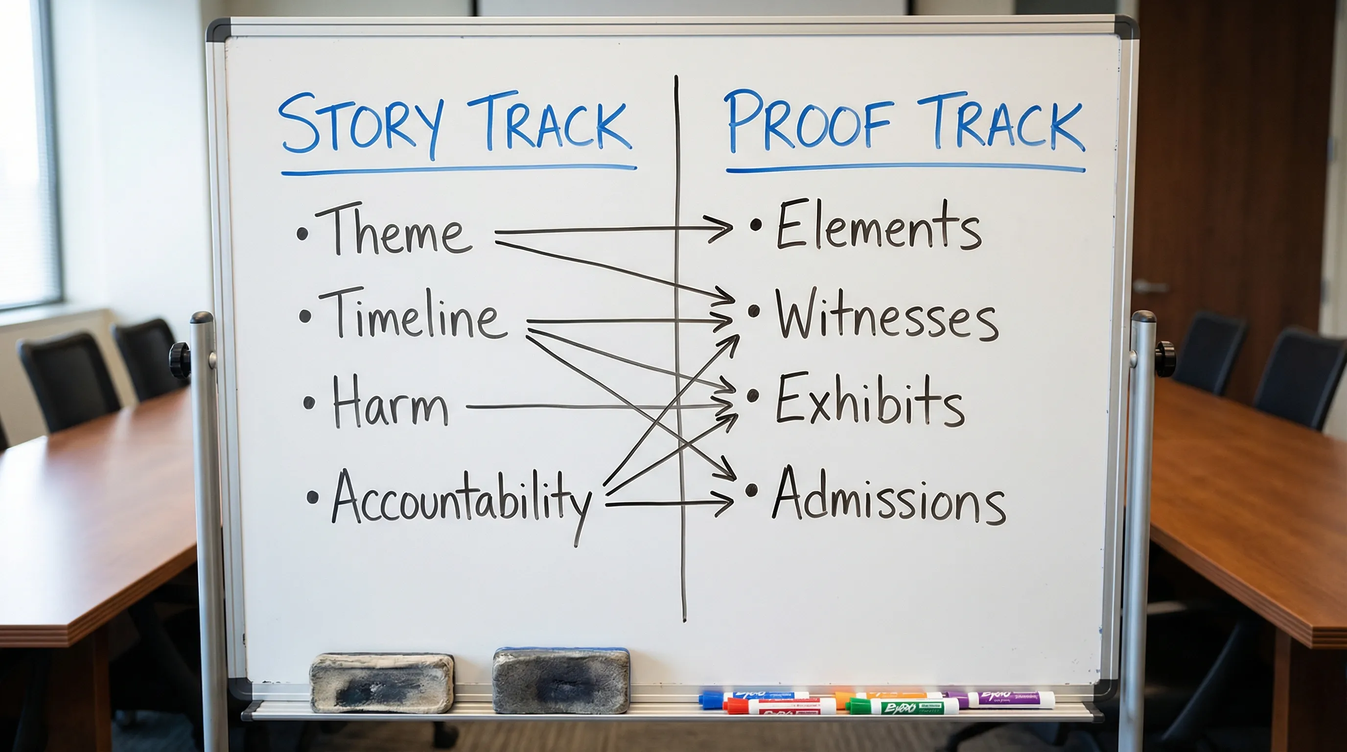 A simple two-column trial outline diagram showing “Story Track” on the left (Theme, Timeline, Harm, Accountability) and “Proof Track” on the right (Elements, Witnesses, Exhibits, Admissions), with arrows connecting each story item to specific proof.