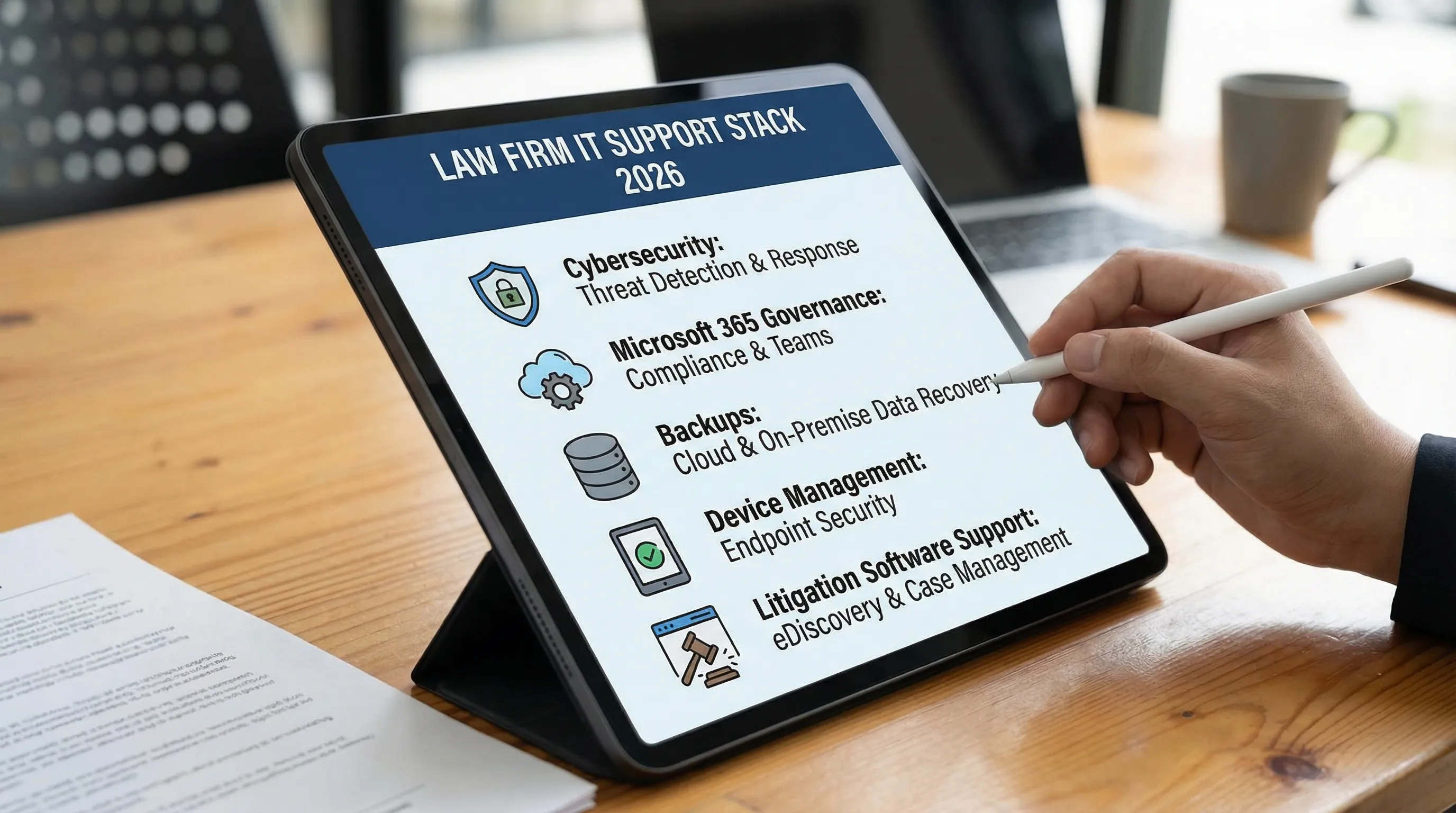 A simple checklist-style illustration of a law firm IT support stack in 2026, showing icons for cybersecurity, Microsoft 365 governance, backups, device management, and litigation software support.