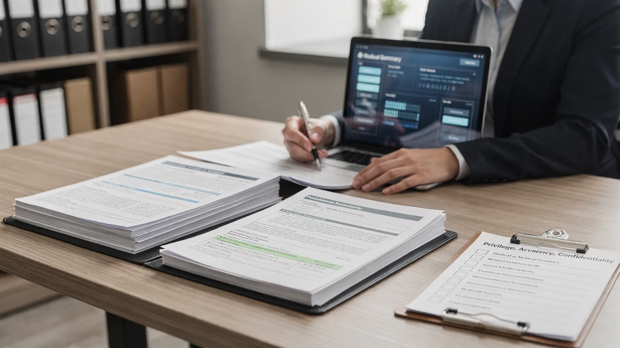 A litigation associate reviewing an AI-generated medical summary next to the original records on a desk, highlighting key dates and diagnoses, with a checklist labeled “Privilege, Accuracy, Confidentiality” visible beside the documents.