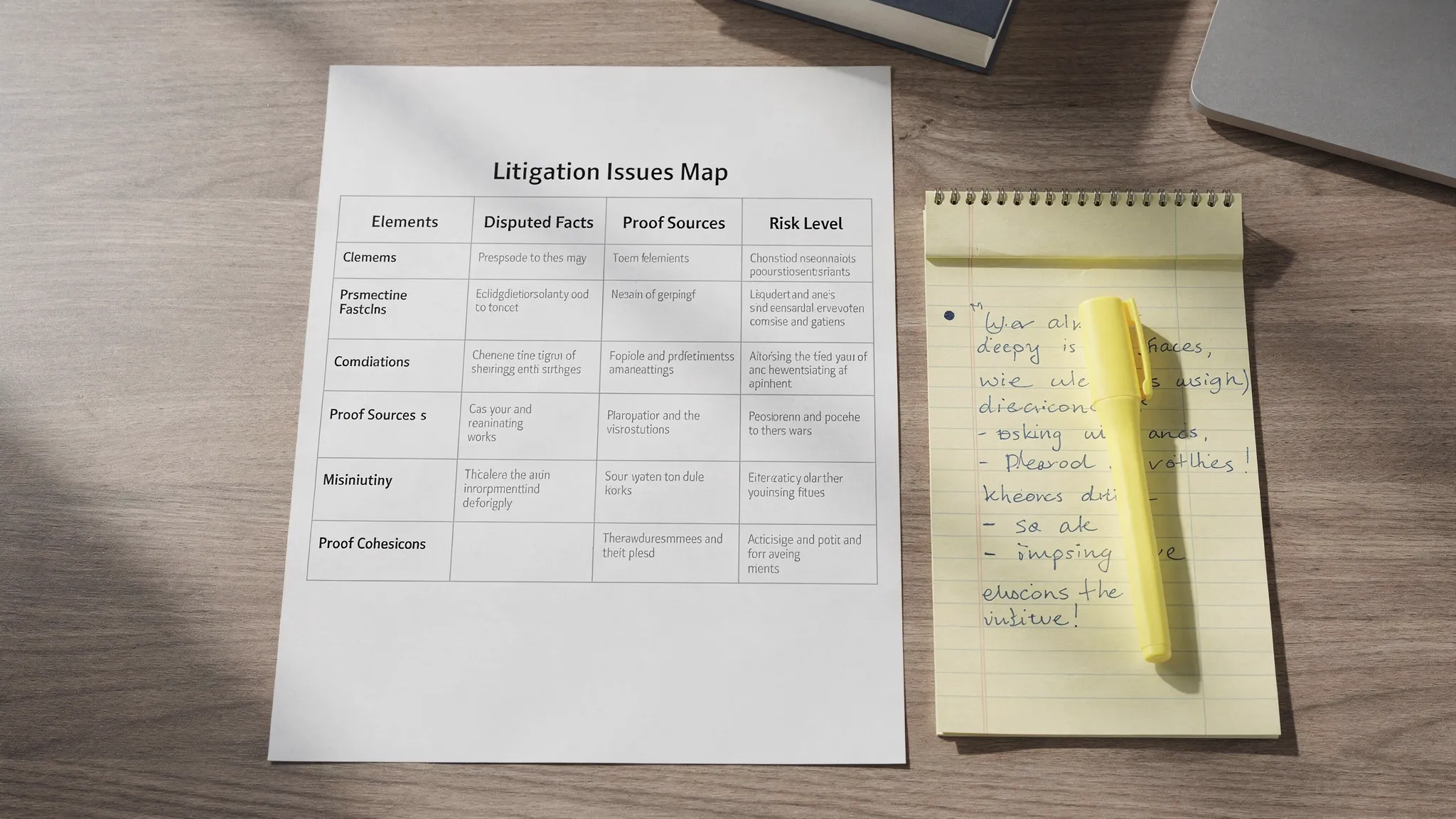 A clean one-page litigation issues map on a desk: columns labeled Elements, Disputed Facts, Proof Sources, and Risk Level, with a few example rows filled in; a legal pad and highlighter next to it.
