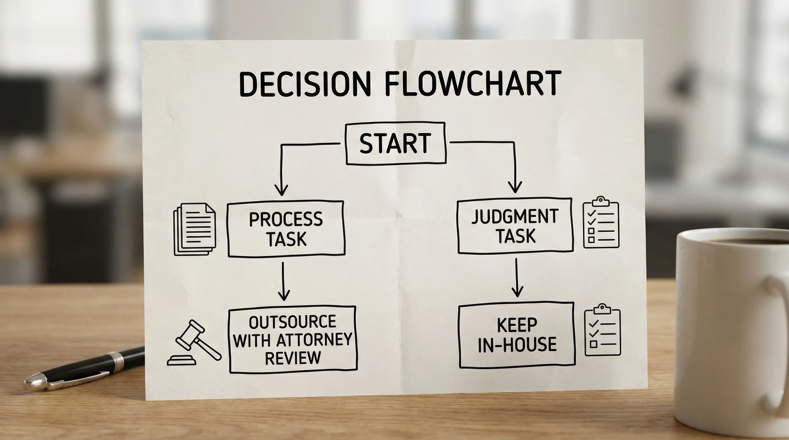 A simple decision flowchart showing two paths: “Process task” leading to “Outsource with attorney review” and “Judgment task” leading to “Keep in-house,” with small icons for documents, a gavel, and a checklist.