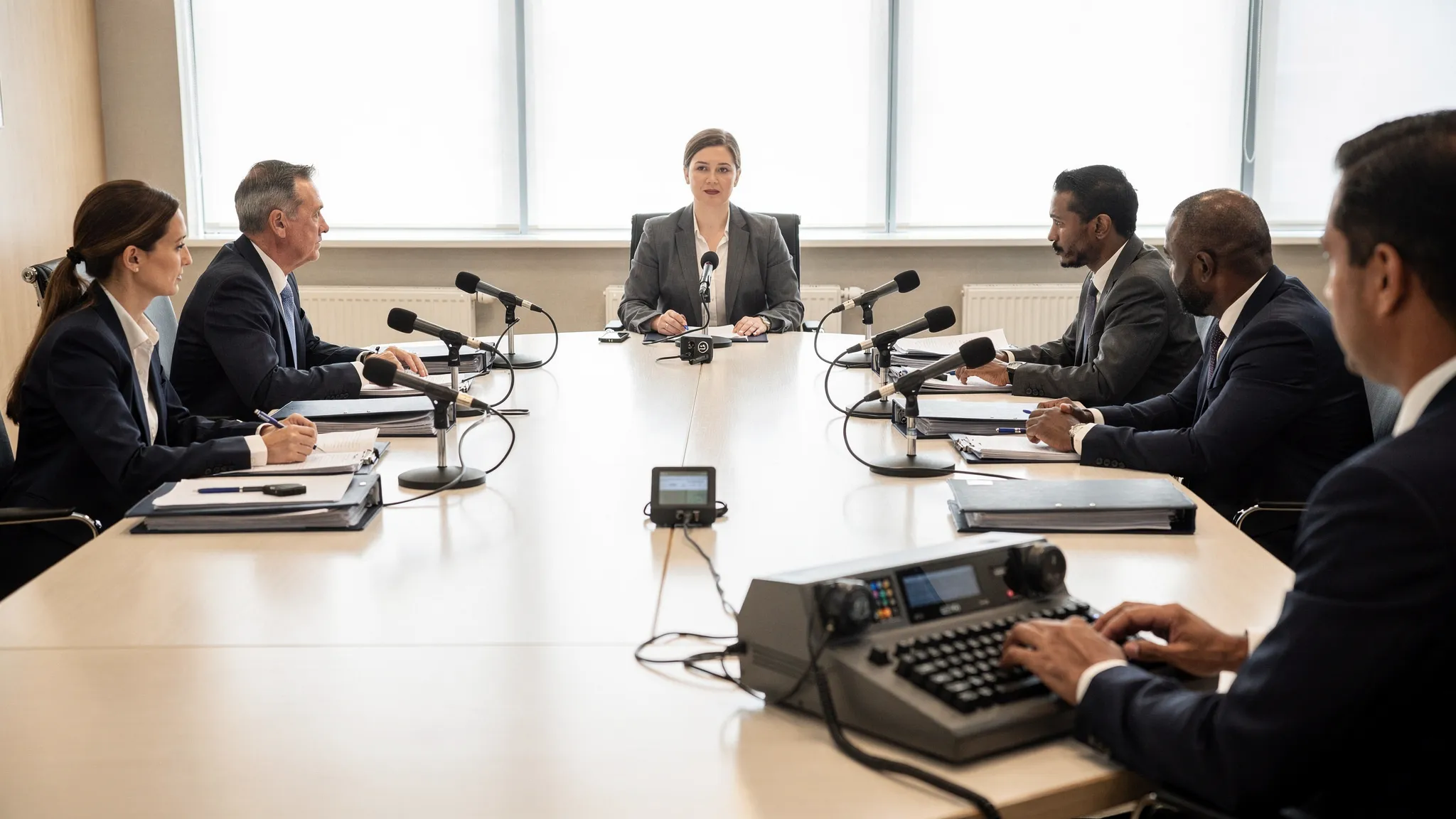 A professional deposition setup showing a conference room with a witness at the end of a table, attorneys on opposite sides with organized binders, a court reporter with a stenotype machine, and a visible microphone setup indicating clear on-the-record audio capture.