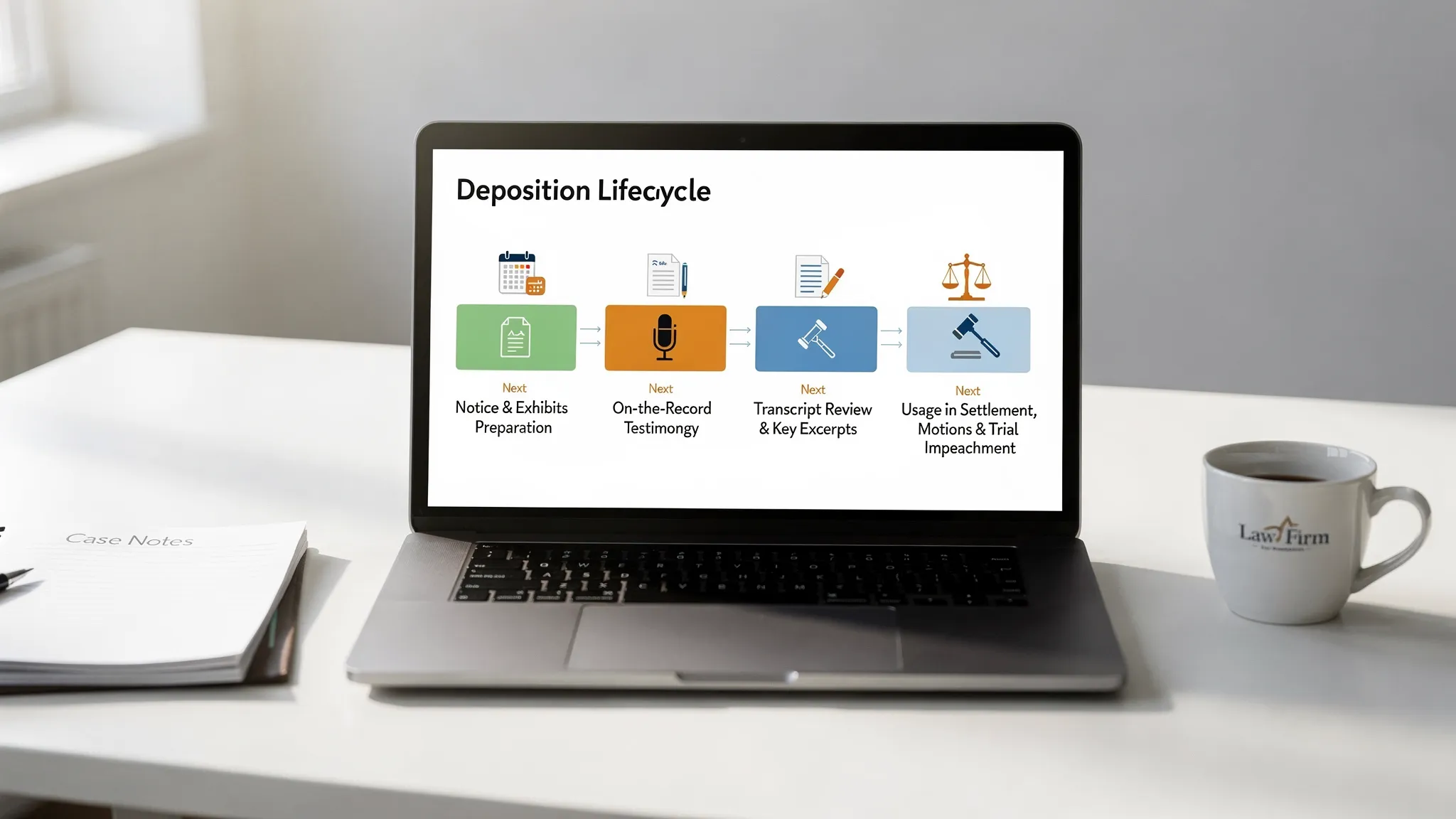 A simple workflow graphic showing the deposition lifecycle: notice and exhibits preparation, on-the-record testimony, transcript review and key excerpts, then usage in settlement talks, motions, and trial impeachment.