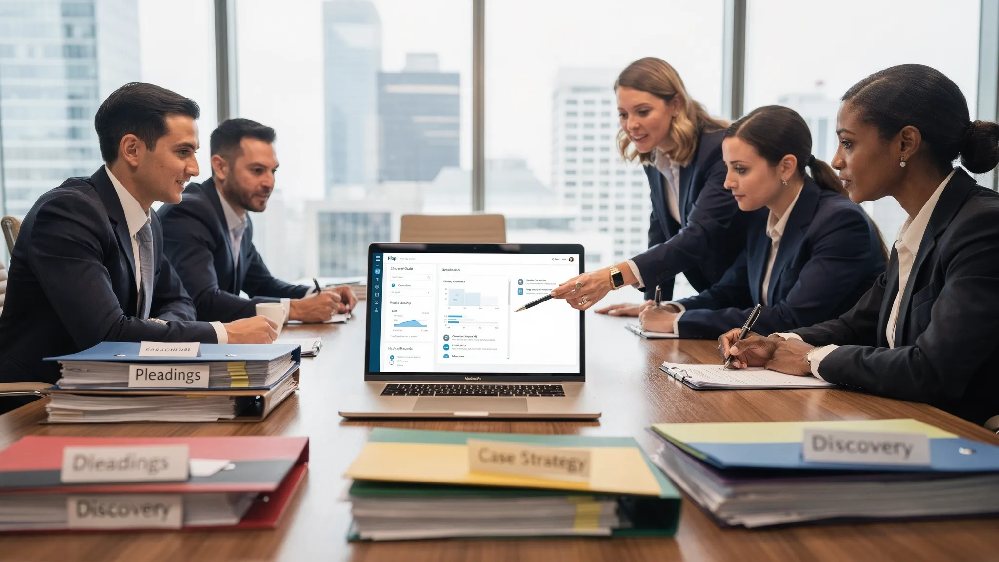A litigation team collaborating around a conference table with organized case files, a shared document dashboard on a laptop (screen facing the viewer, no visible confidential text), and labeled folders representing pleadings, discovery, and medical records.